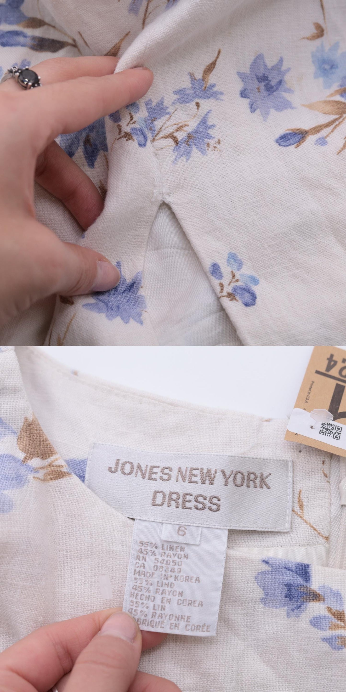 90s Jones New York Linen Floral Minidress Off-White Periwinkle Small