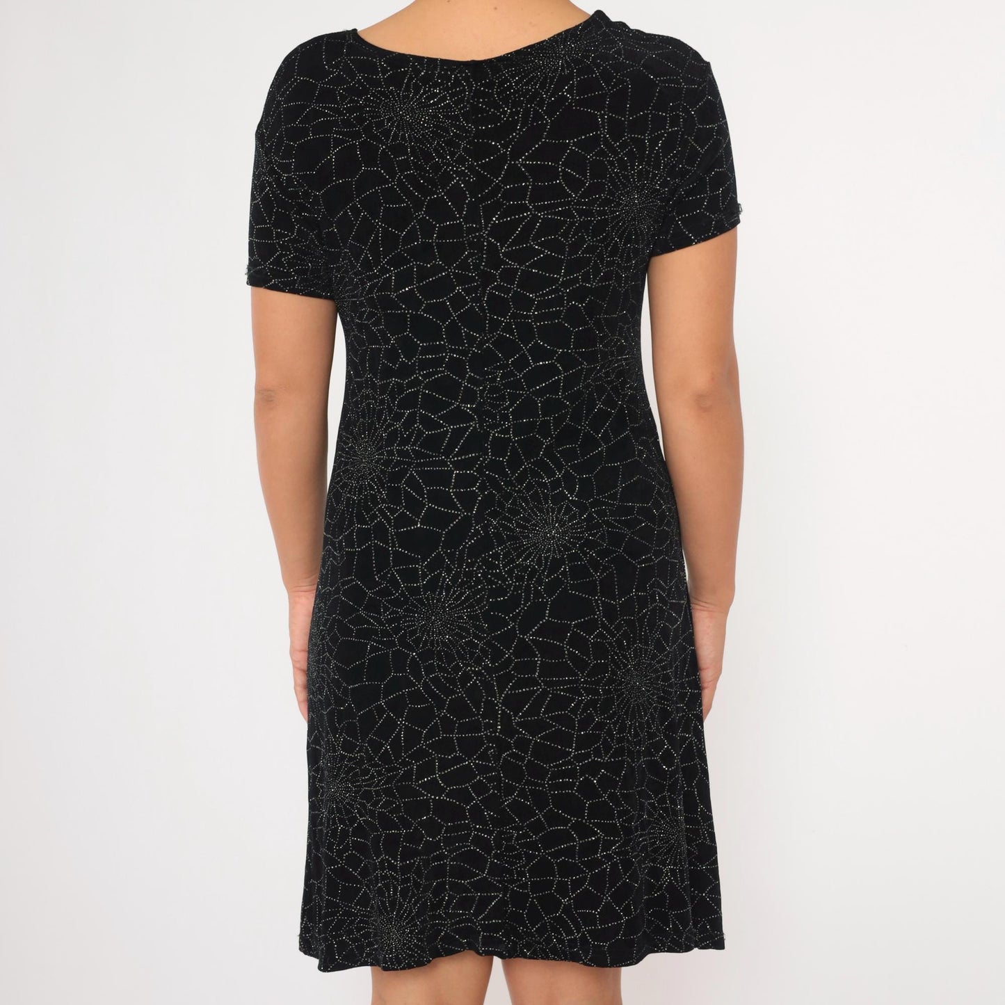 90s Spiderweb Sparkle Mini Dress Black Shift Short Sleeve Large
