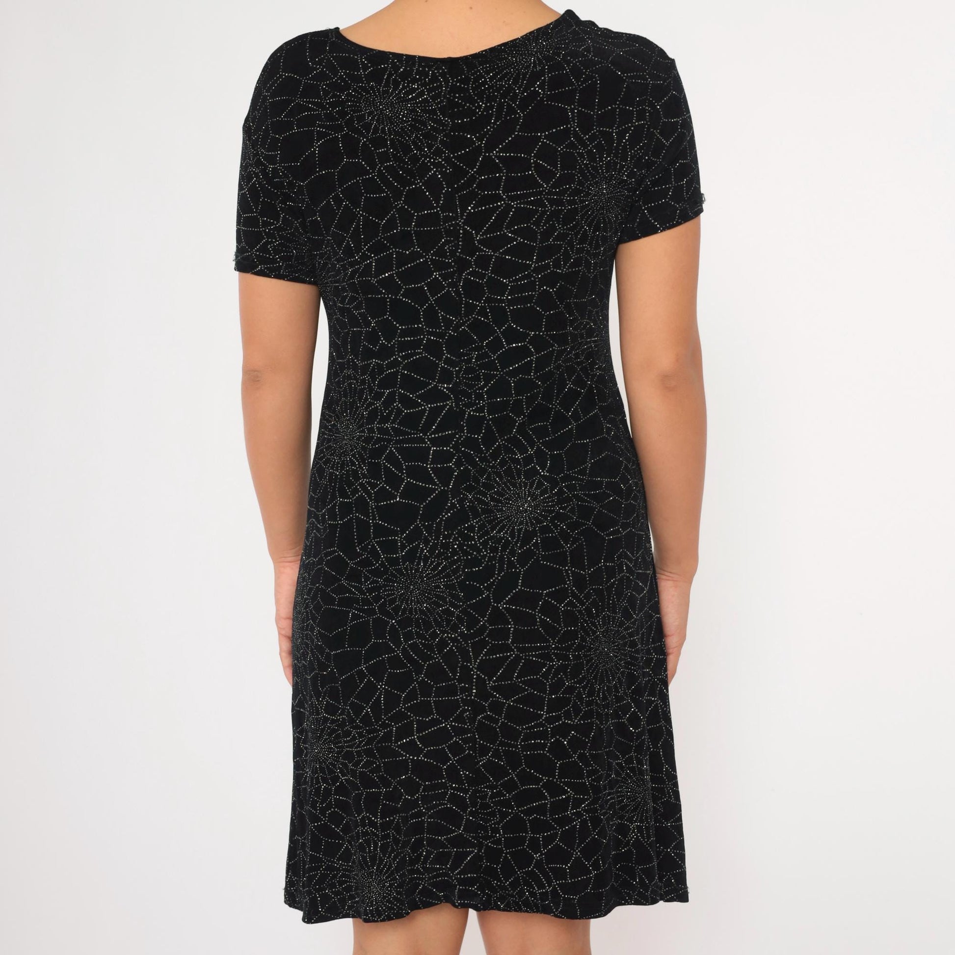 90s Spiderweb Sparkle Mini Dress Black Shift Short Sleeve Large