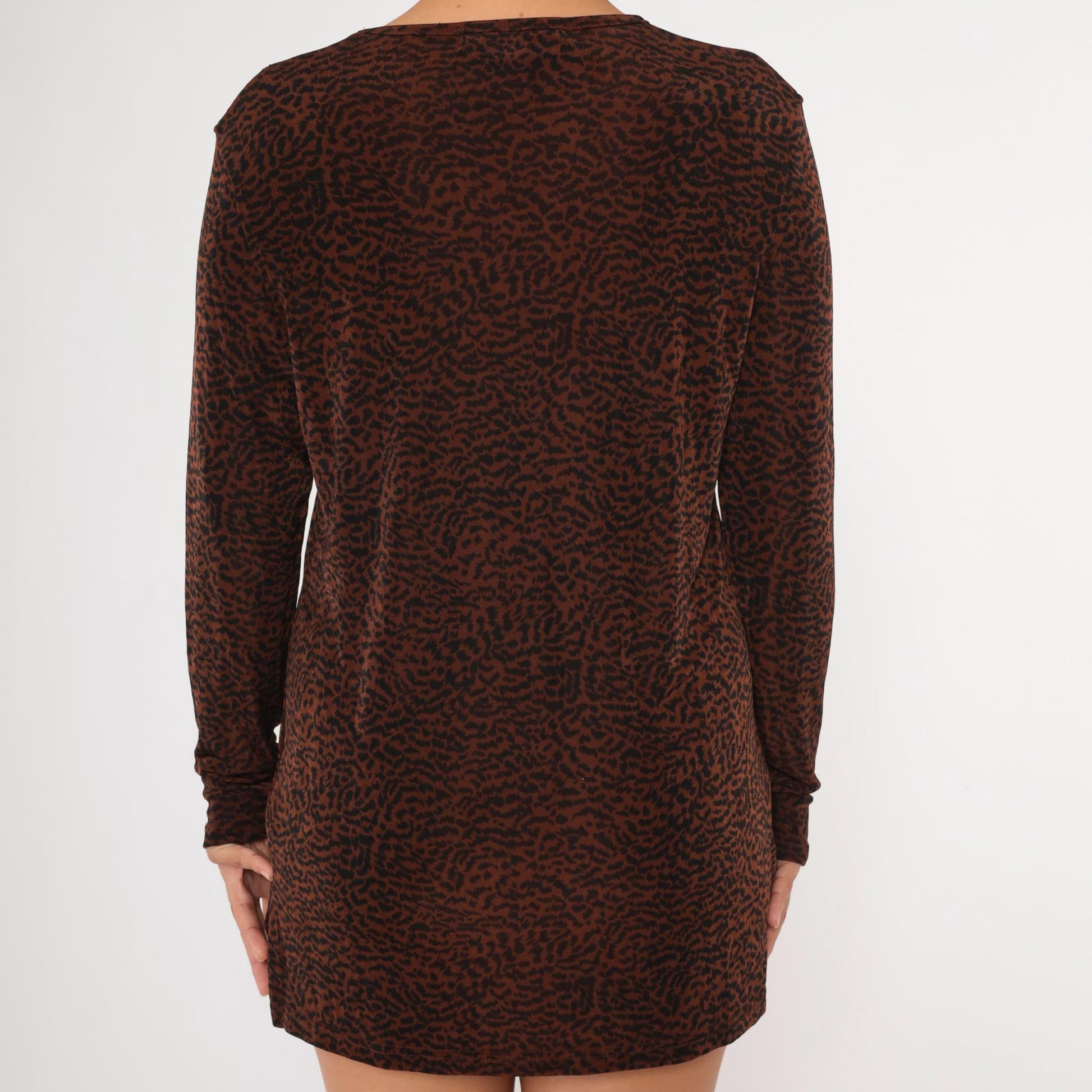 90s Nina Leonard Animal Print Mini Dress Long Sleeve Brown Black Small