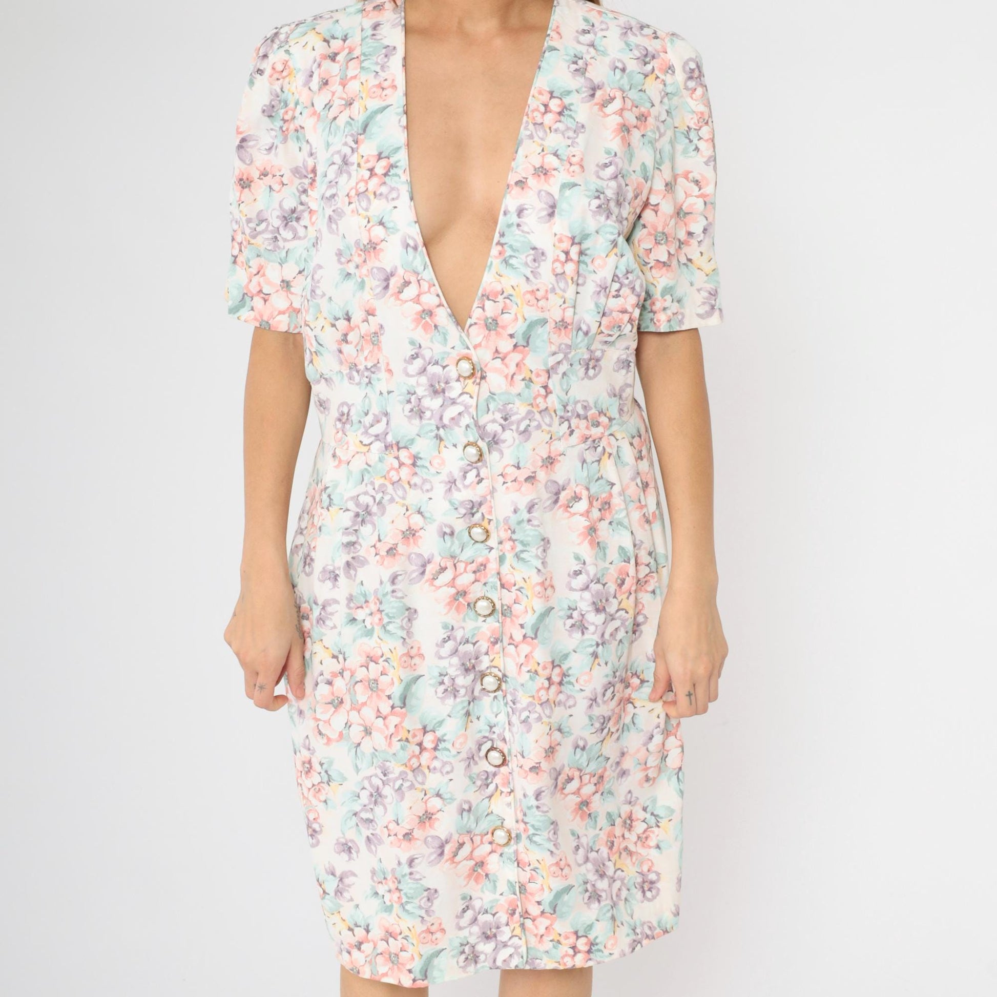 80s Caroline Wells Floral Midi Dress White Puff Sleeve Pearl Button Medium