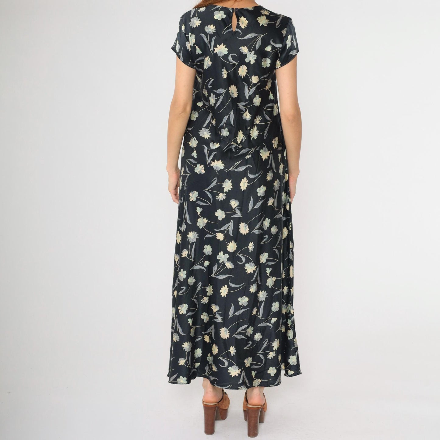 90s Black Floral Silk Maxi Dress Scoop Neck Short Sleeve Large L