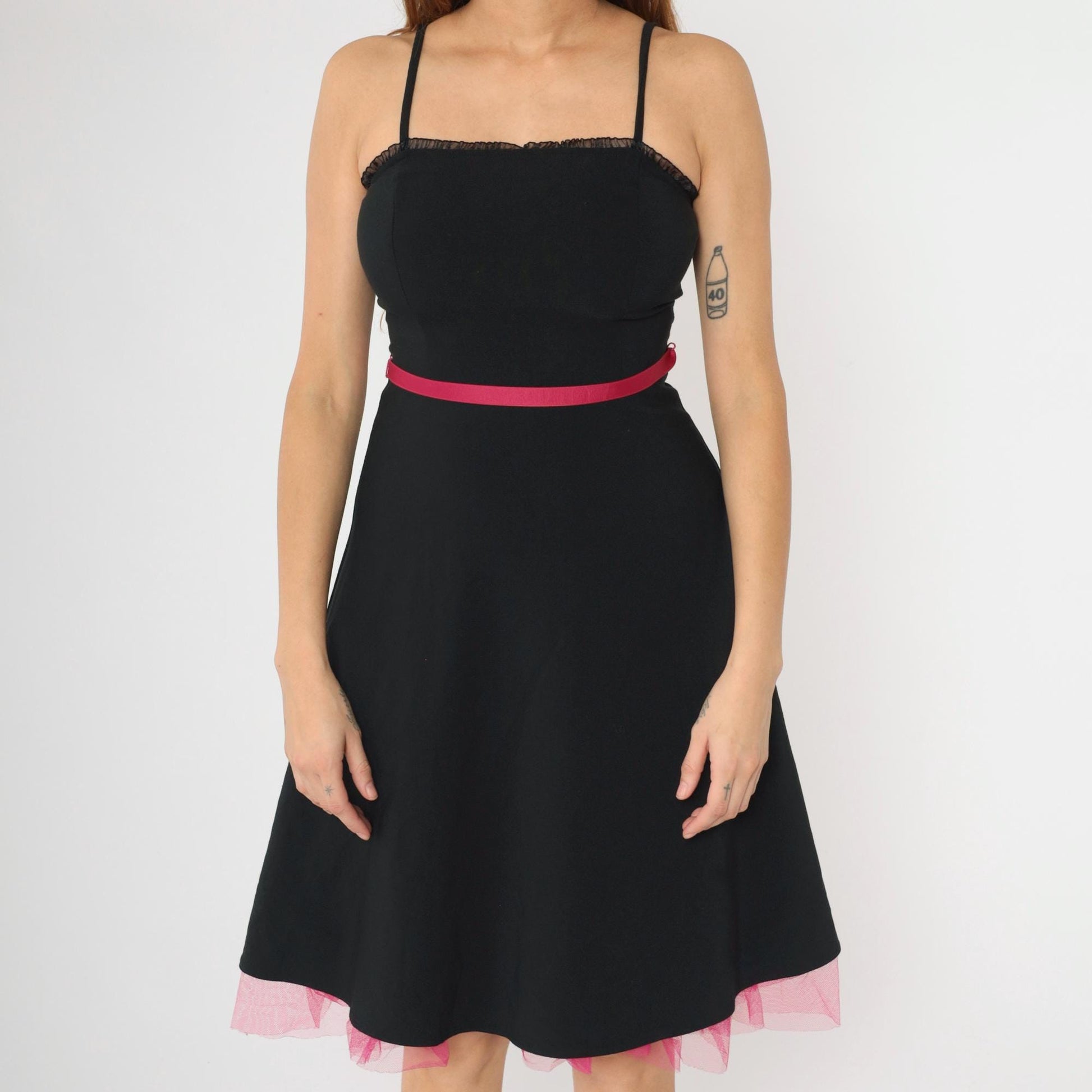 90s City Triangles Black Midi Dress Hot Pink Tulle Spaghetti Strap Small
