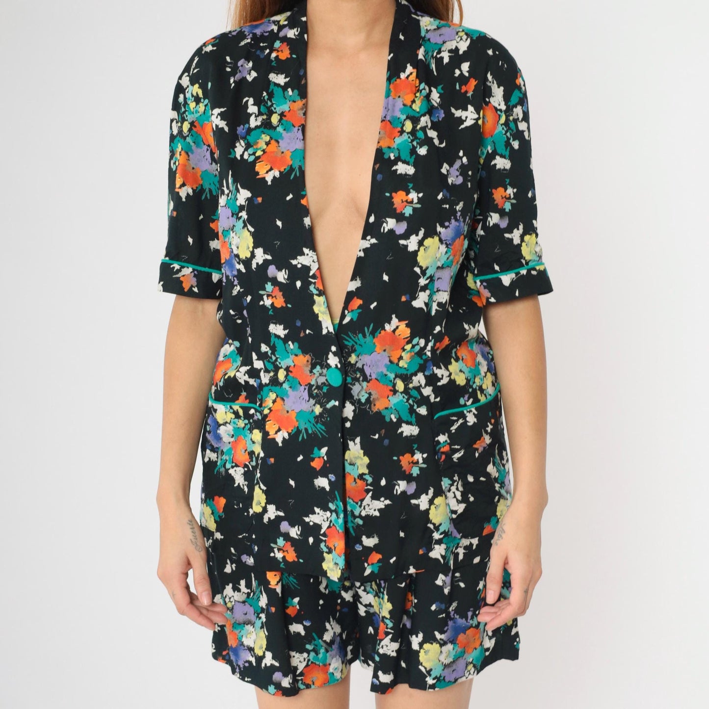 80s Synari Petites Floral Two-Piece Set Jacket Shorts Pleated Small