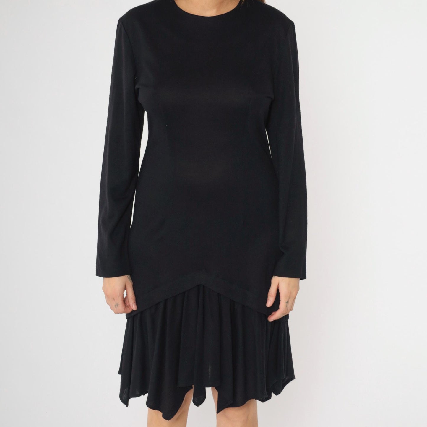 90s Black Knit Dress Asymmetric Layered Hem Long Sleeve Midi Medium