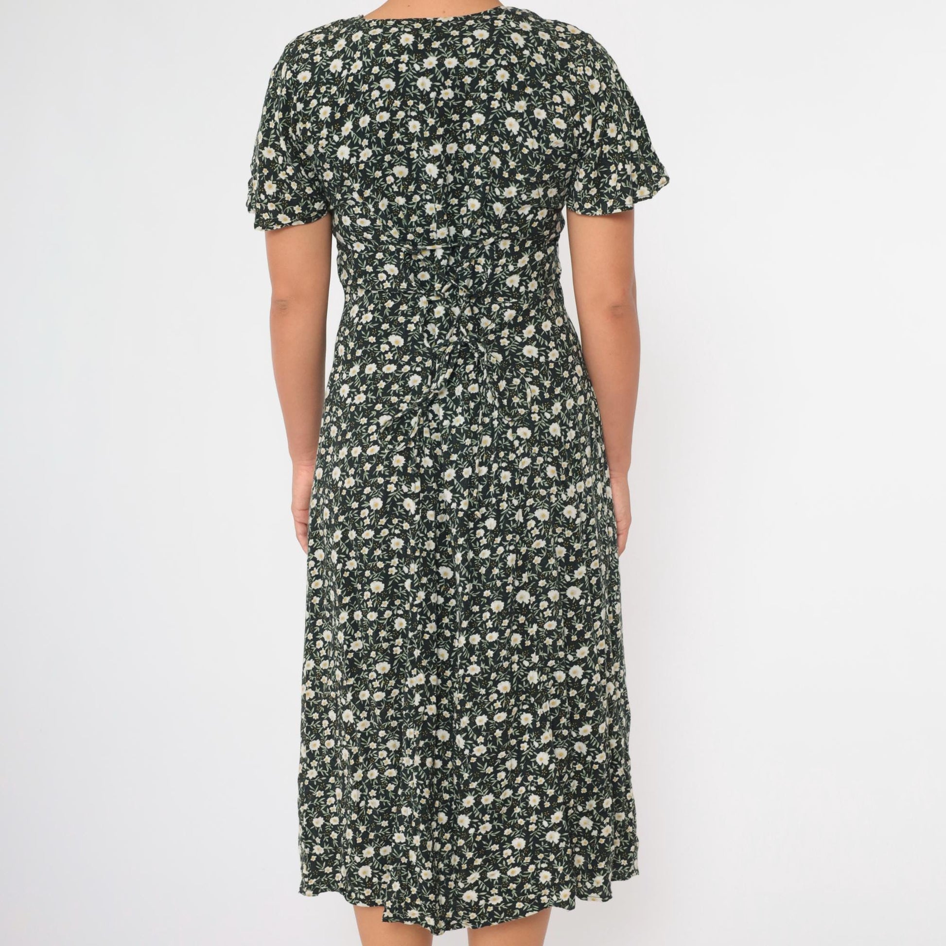 90s Black Floral Midi Dress Flutter Sleeve Button-Up Green White Small S