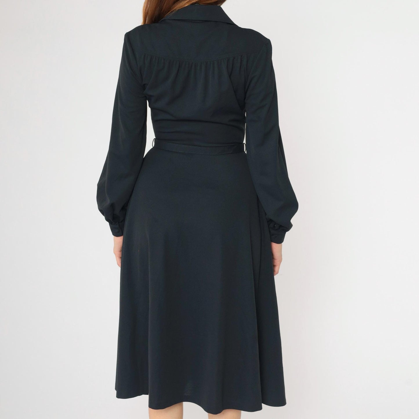 70s Black Midi Shirtdress Button-Up High Waisted Belted Collared Small S