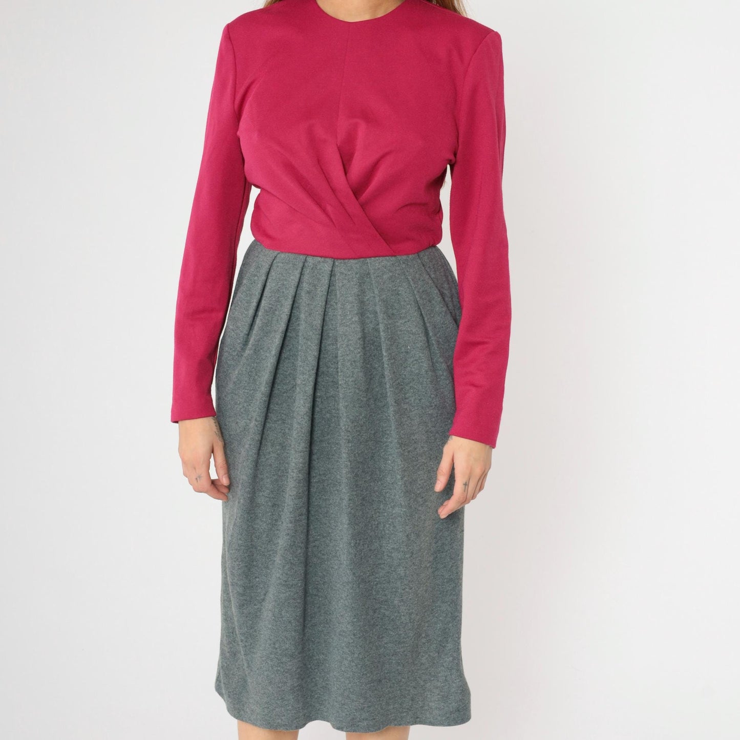 80s Leslie Fay Two-Tone Midi Dress Fuchsia Grey Pleated Small