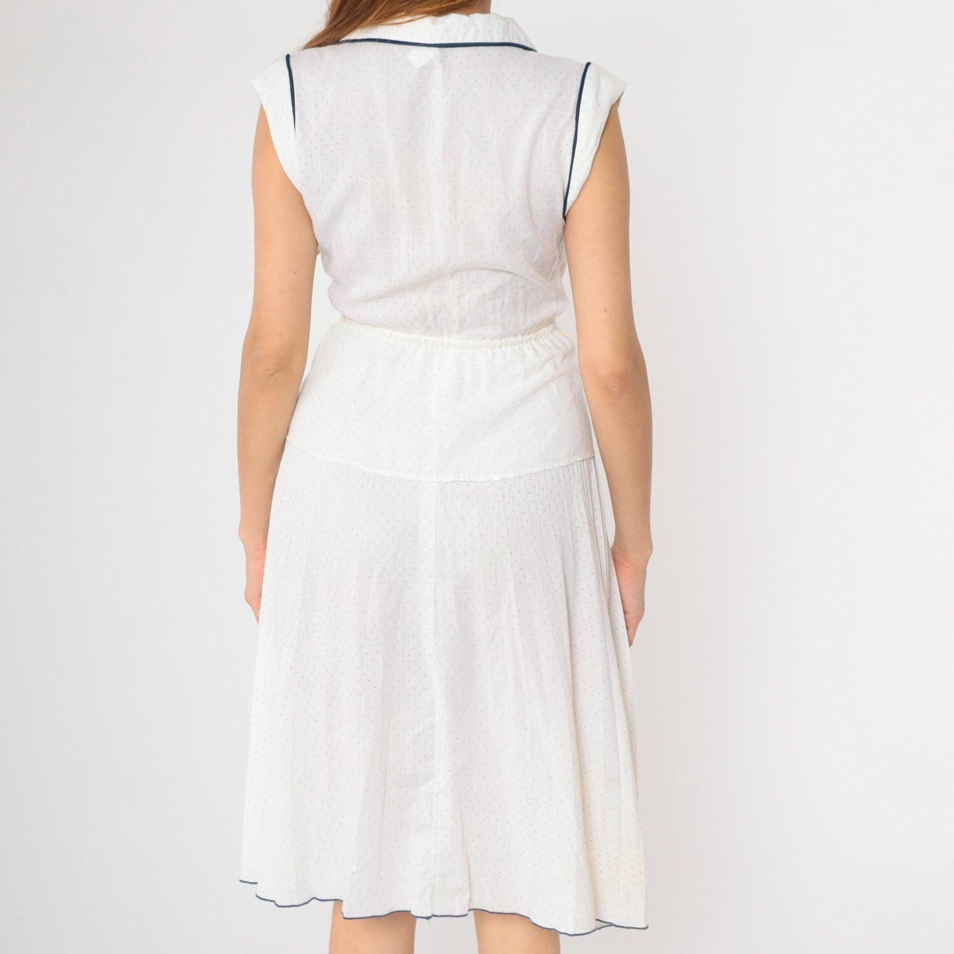 70s White Polka Dot Midi Dress Navy Piping Cap Sleeve Peplum Extra Small XS