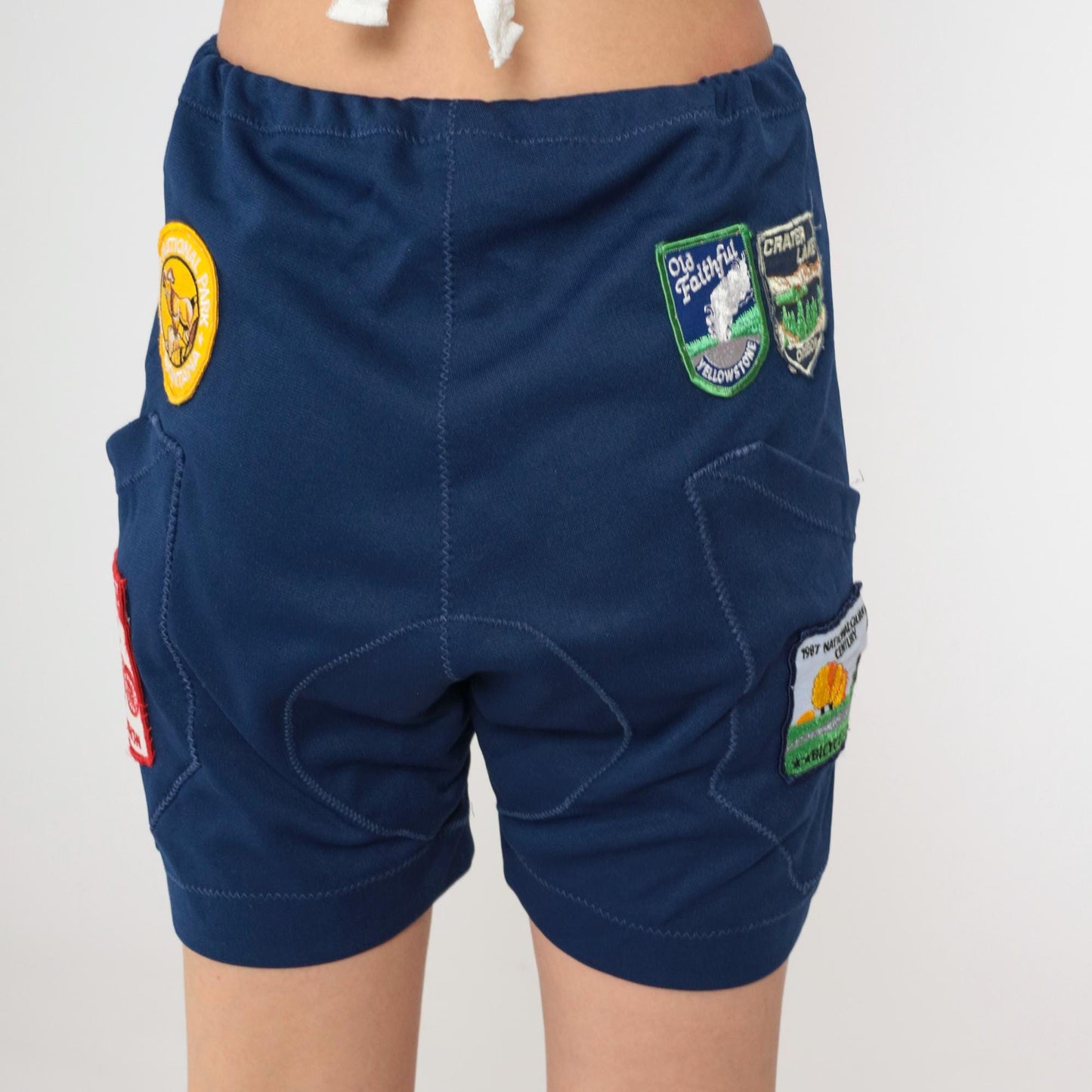 80s Navy Cycling Shorts National Park Patches High Waist Leather Chamois Medium