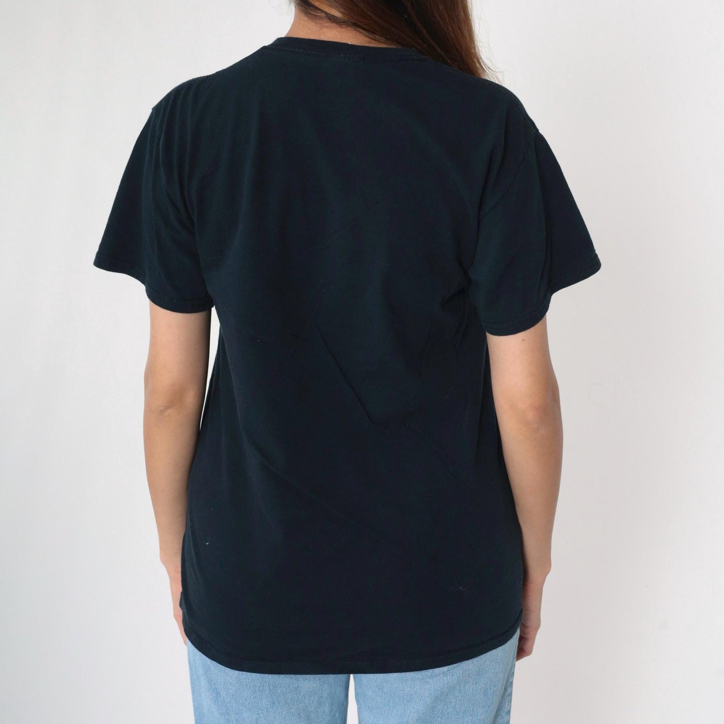 Y2K Wolf Face Graphic T-Shirt Black Cotton Crewneck Medium M