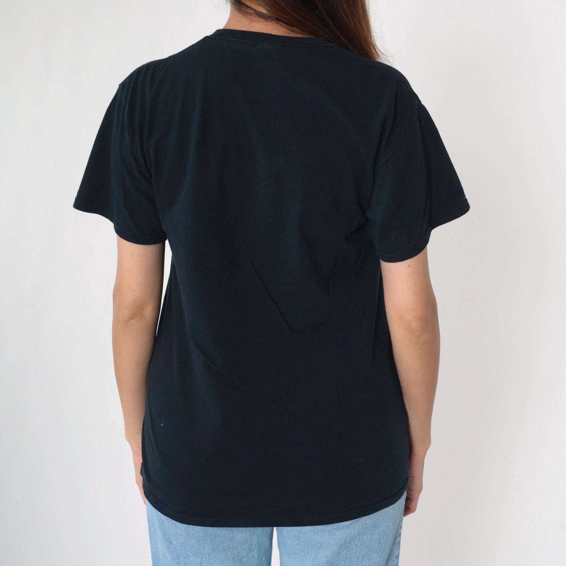 Y2K Wolf Face Graphic T-Shirt Black Cotton Crewneck Medium M