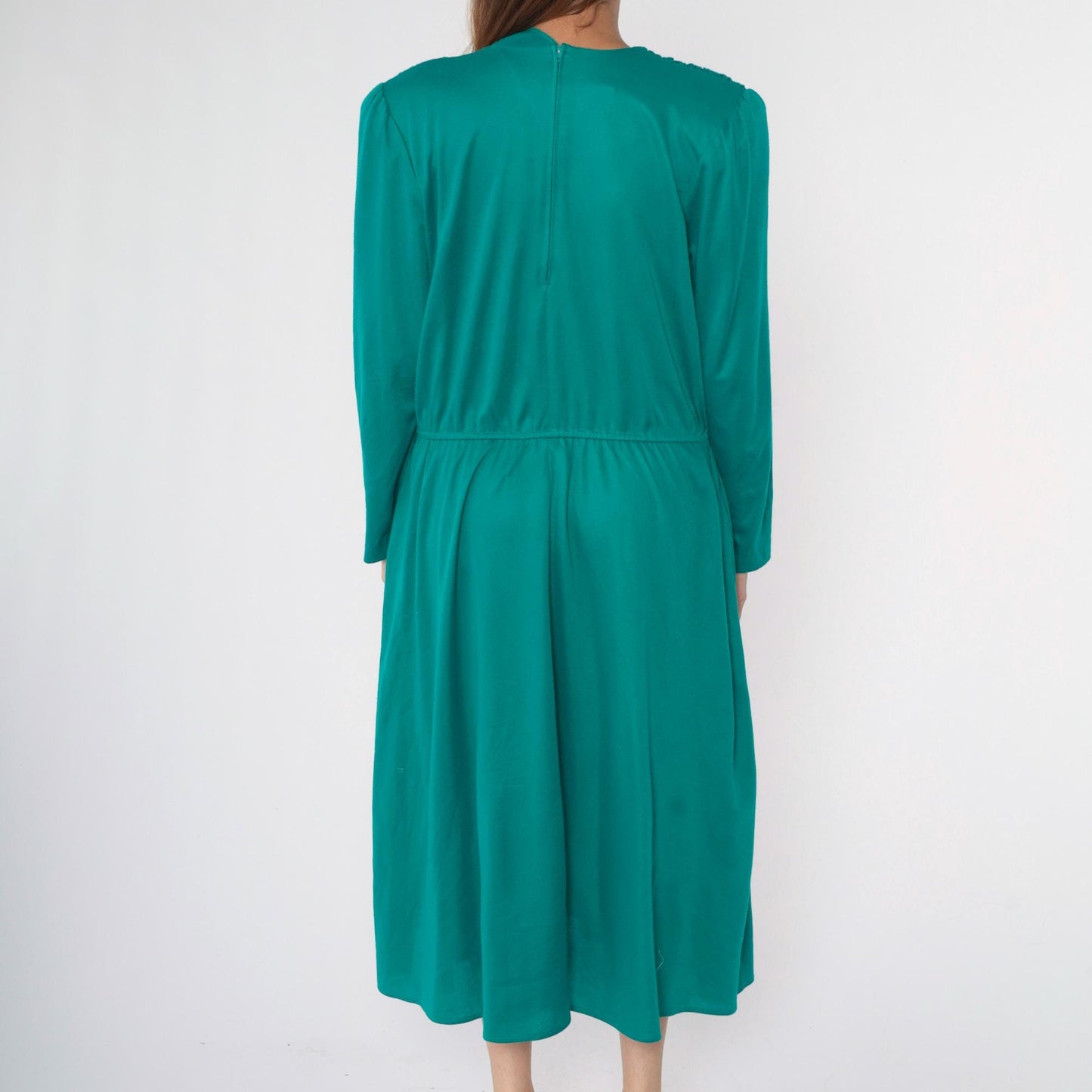 80s Teal Midi Dress Puff Sleeve High Waist Ruched Shoulders Large L