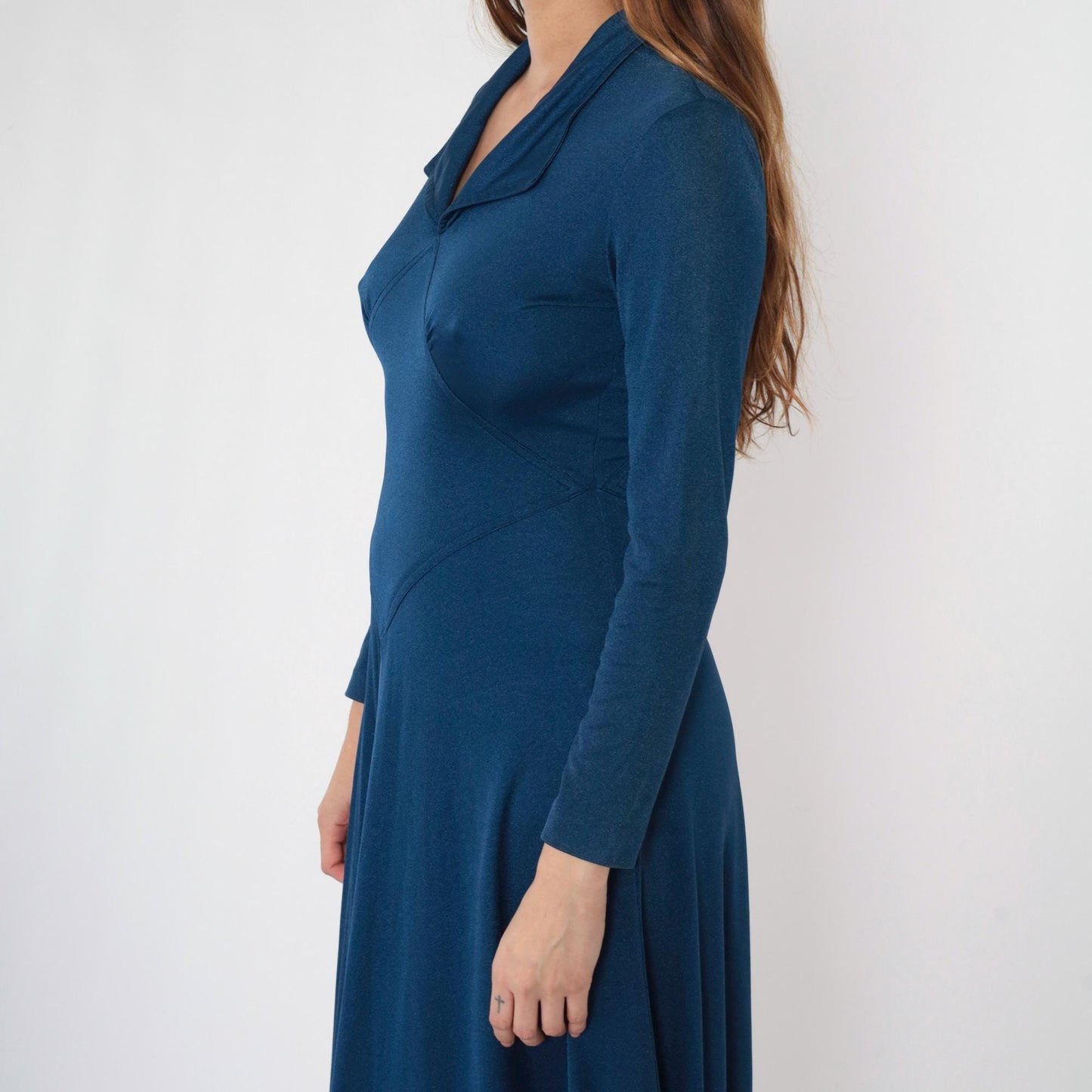 70s Navy Maxi Dress Long Sleeve Wide Collar Diamond Waist Small Medium
