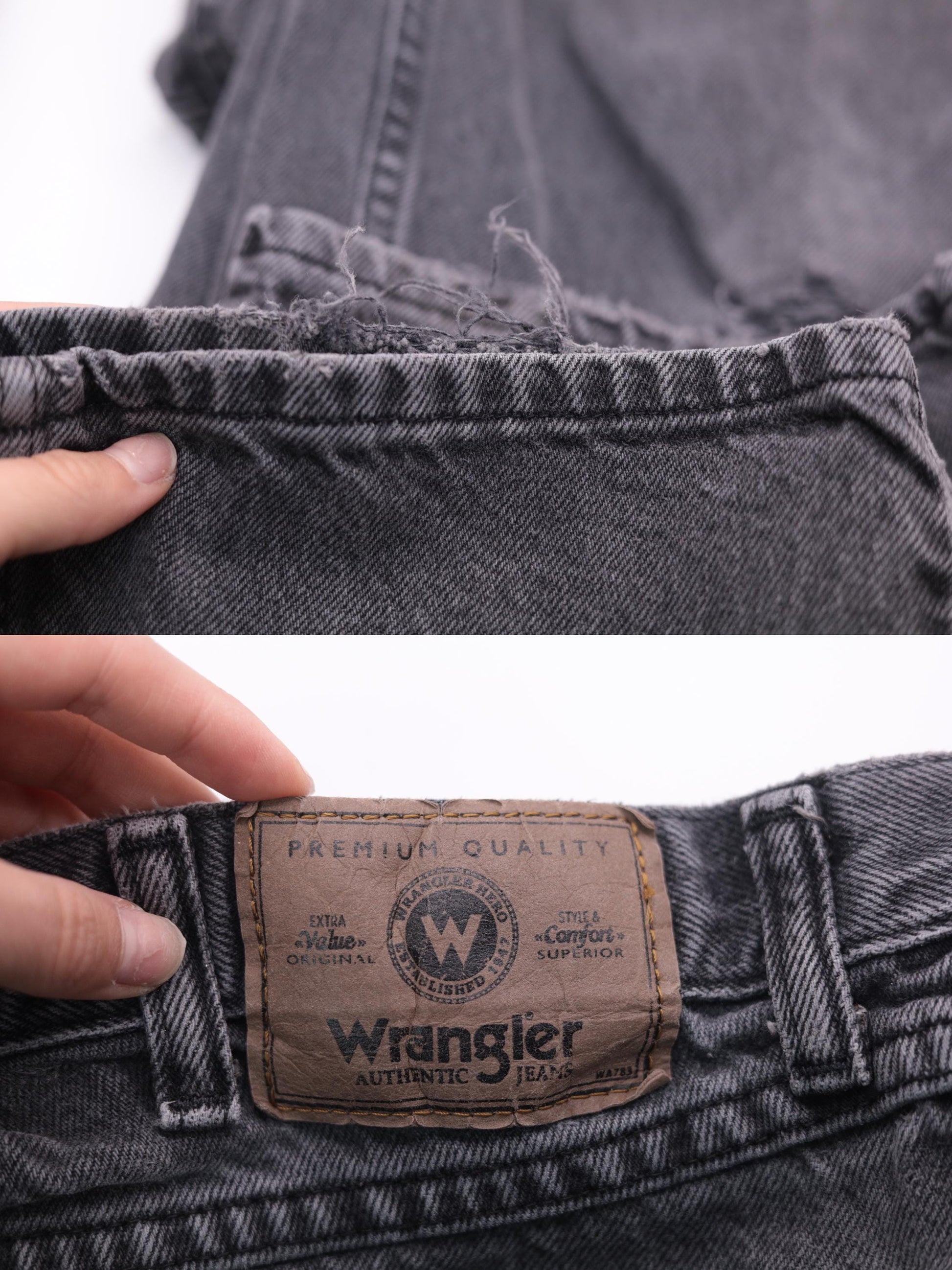 90s Wrangler Faded Black Straight Leg Jeans Knee Rip High Rise 32x30 Men's
