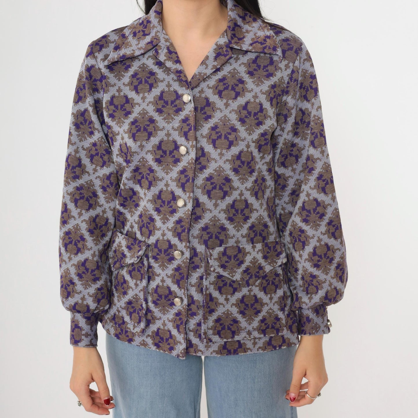70s Geometric Damask Print Blouse Purple Brown Button Up Long Sleeve Medium M