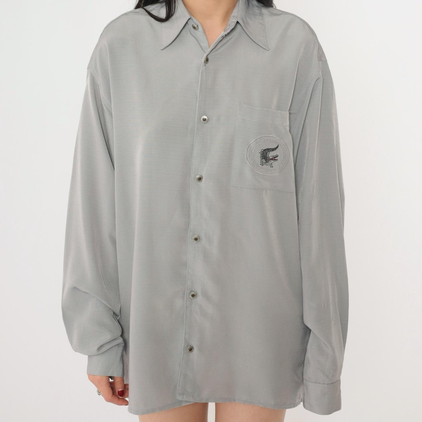 Y2K Danesi Grey Microfiber Button-Up Shirt Dragon Embroidered Men's Small