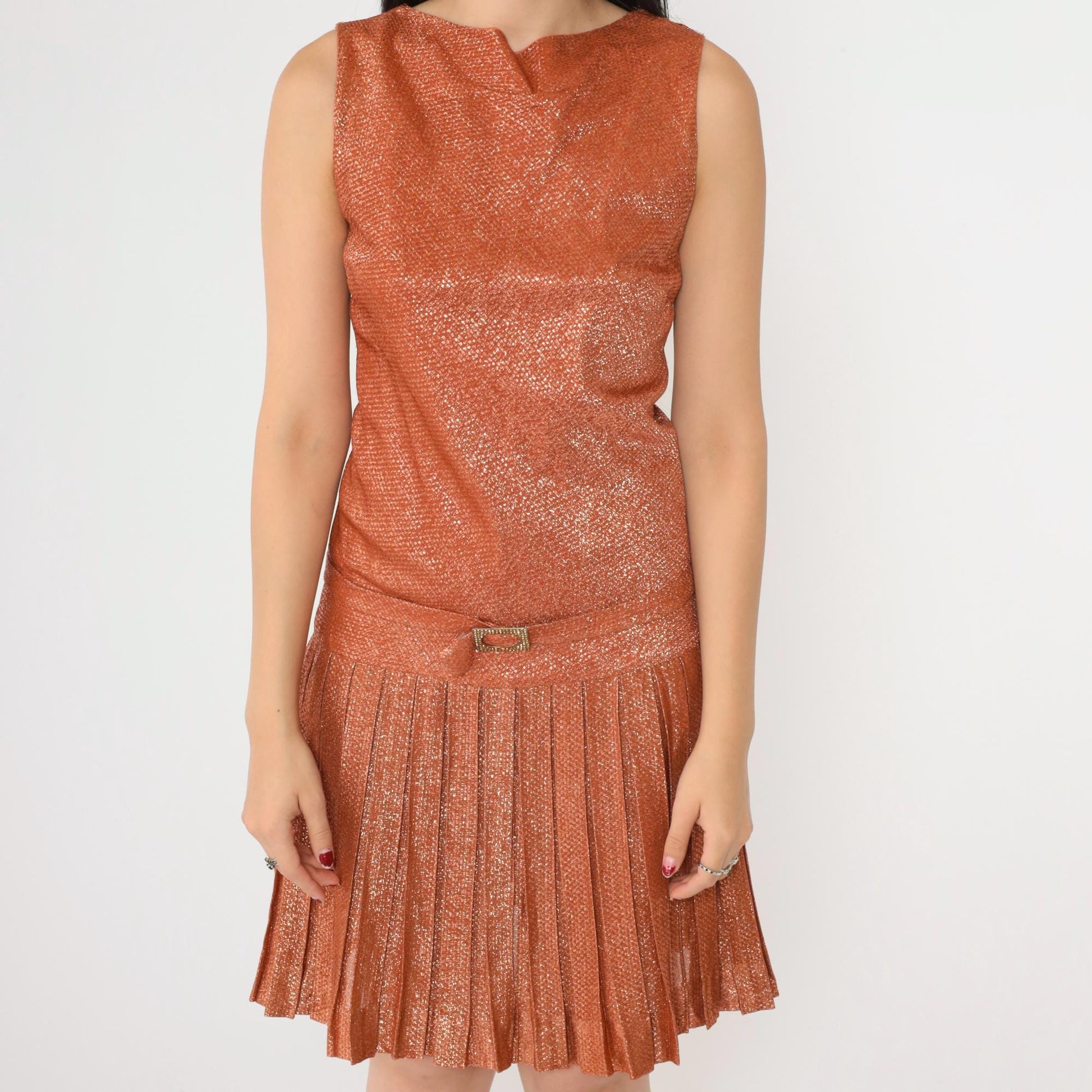 60s Metallic Orange Mini Party Dress Rhinestone Drop Waist Sleeveless XS