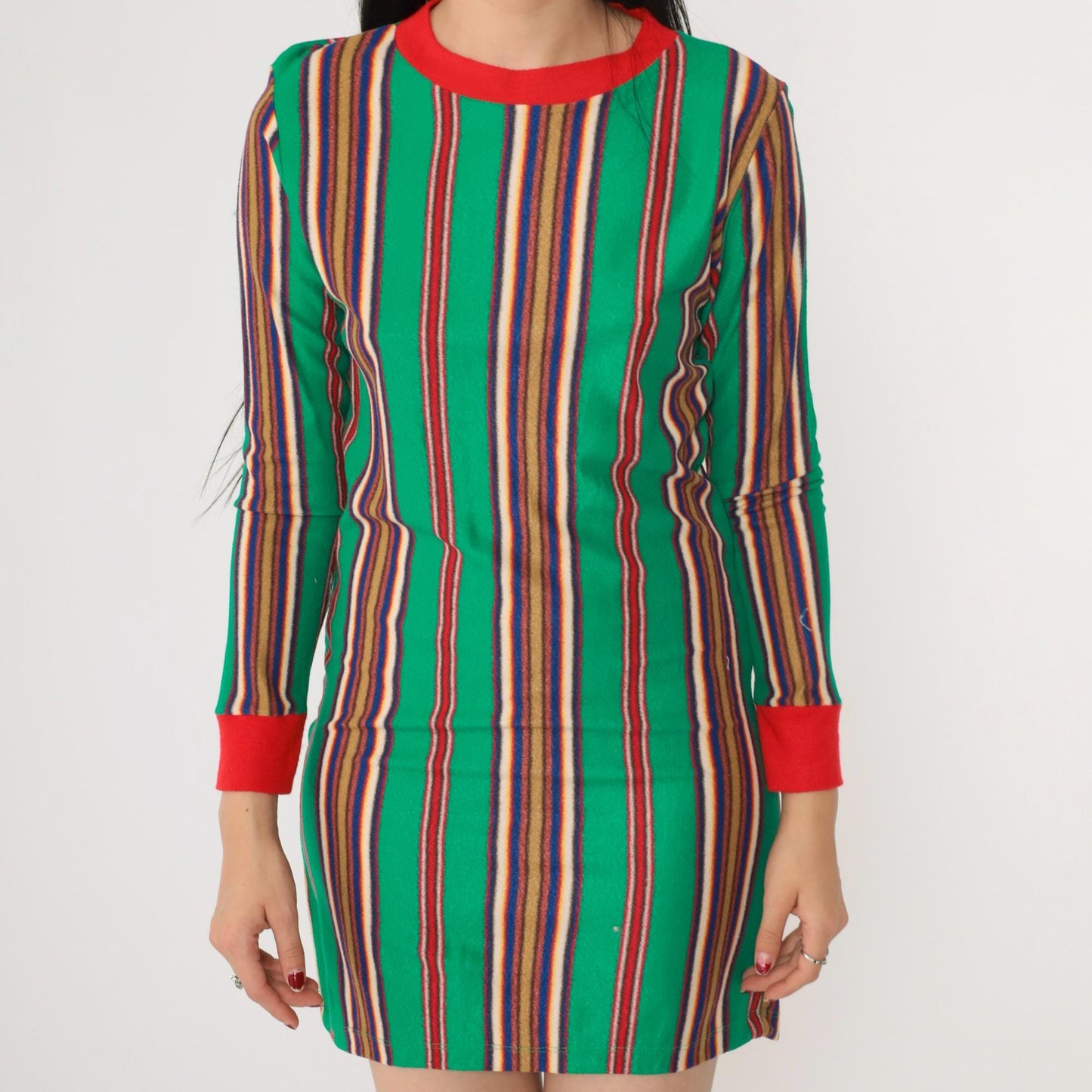 60s Stardust Striped Mini Lounge Dress Green Red Ringer Trim Long Sleeve Extra Small