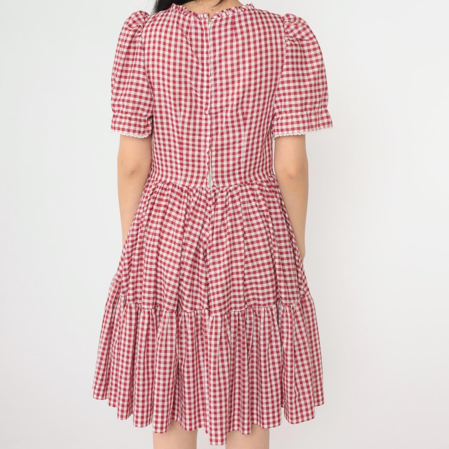 70s Red Gingham Prairie Dress Puff Sleeve Eyelet Lace High Waist Small Medium