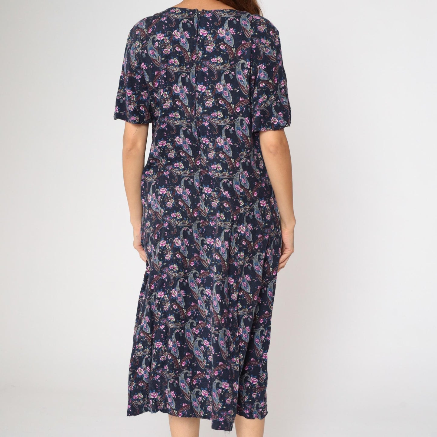 90s Kathie Lee Paisley Floral Midi Dress Dark Blue Rayon Princess Seam Medium Large