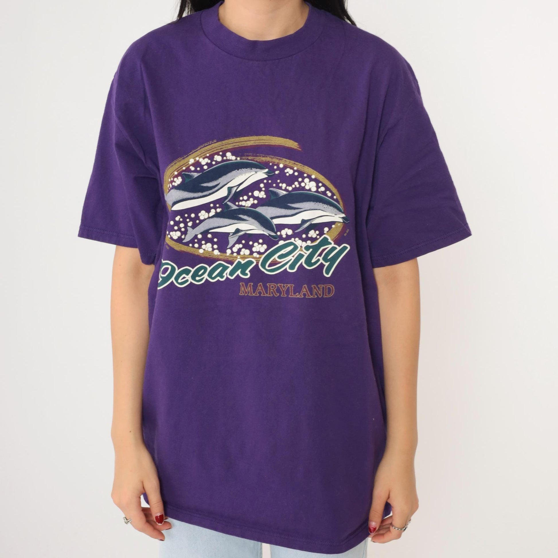 90s Ocean City Maryland Dolphin Graphic T-Shirt Purple Large
