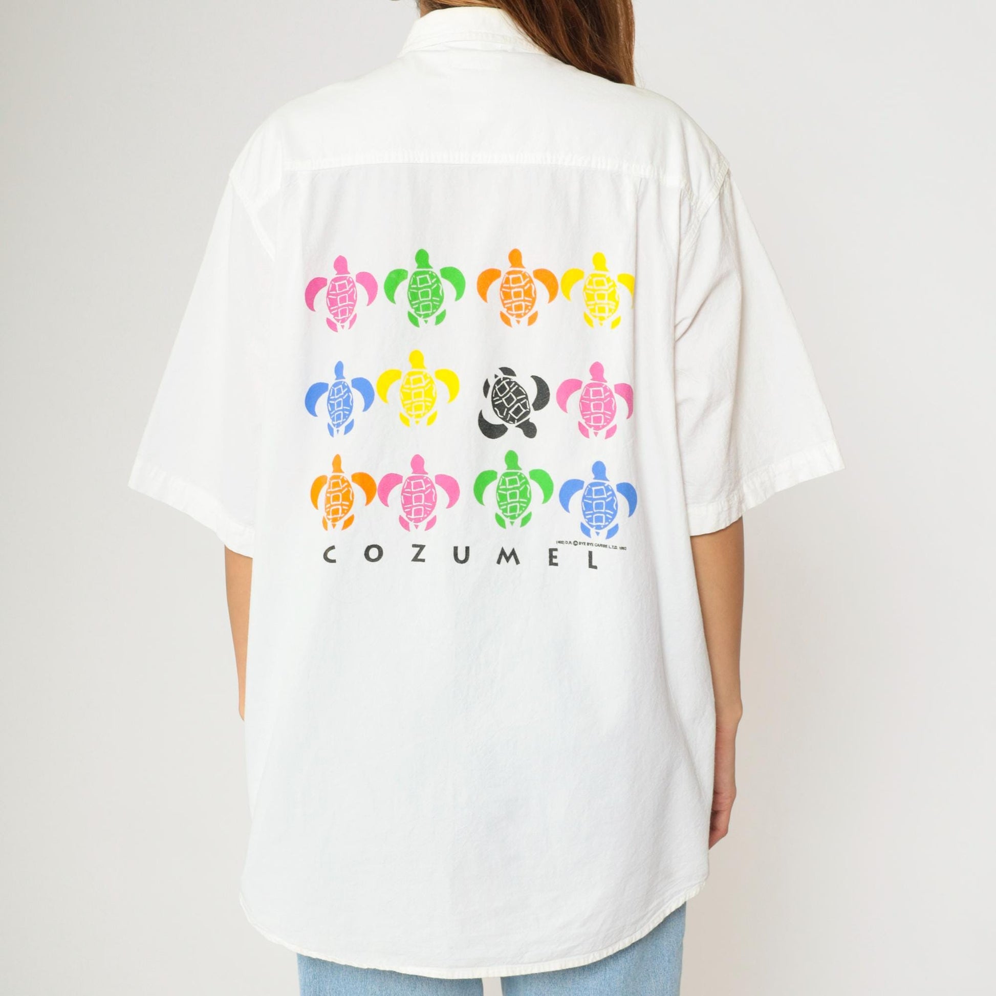 90s Bye Bye Cozumel Turtle Graphic Button-Up Shirt White Cotton Large