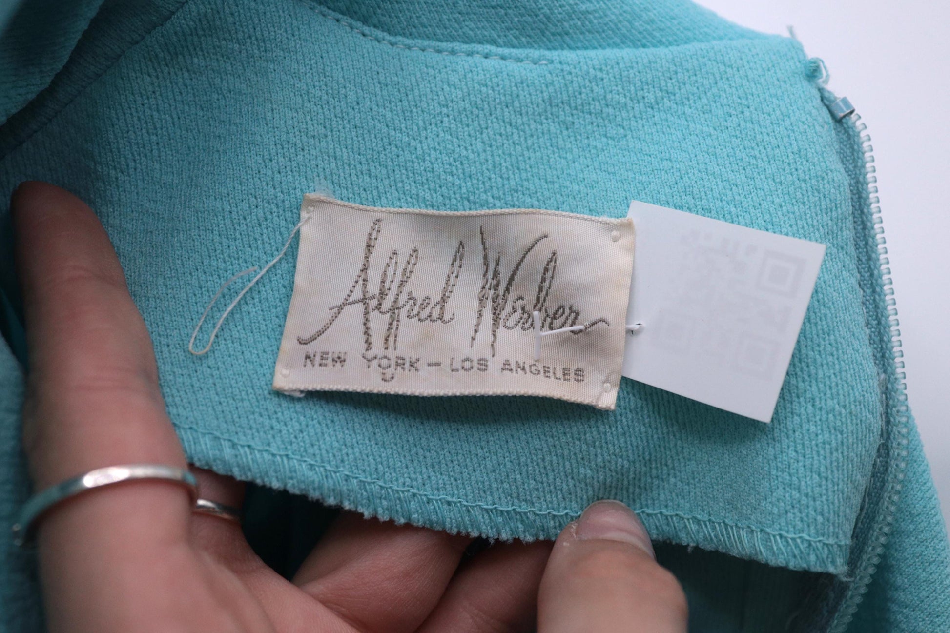 60s Alfred Werber Mod A-Line Dress Aqua Beaded Long Sleeve Midi Medium M