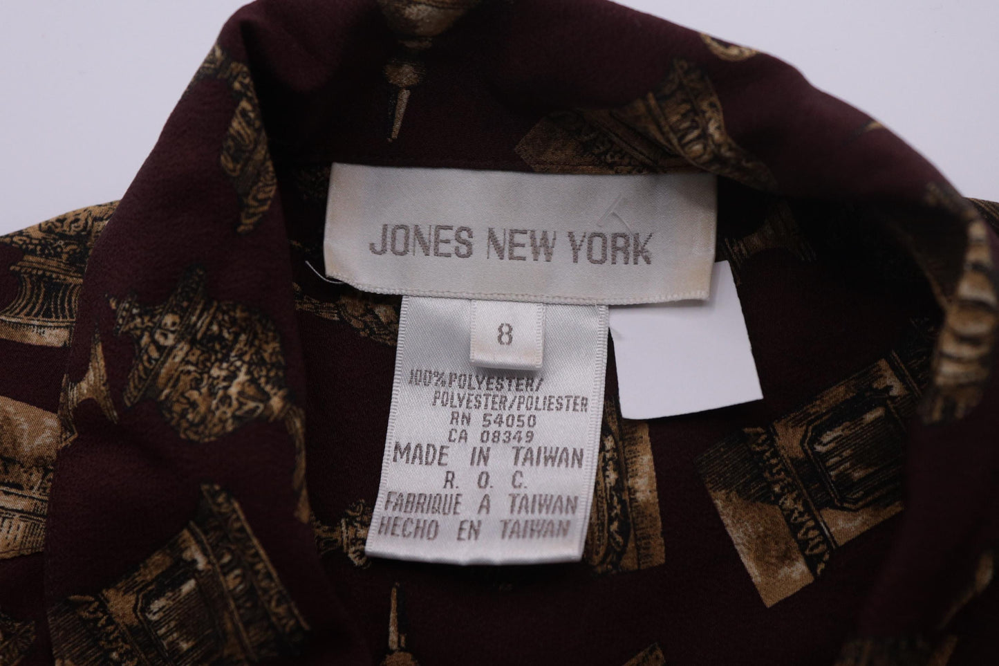 90s Jones New York Chalice Print Blouse Burgundy Gold Button Up Medium M