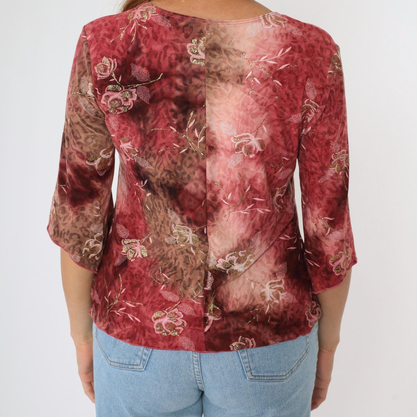 Y2K Bell Sleeve Blouse Floral Metallic Leopard Print Pink Brown Medium M