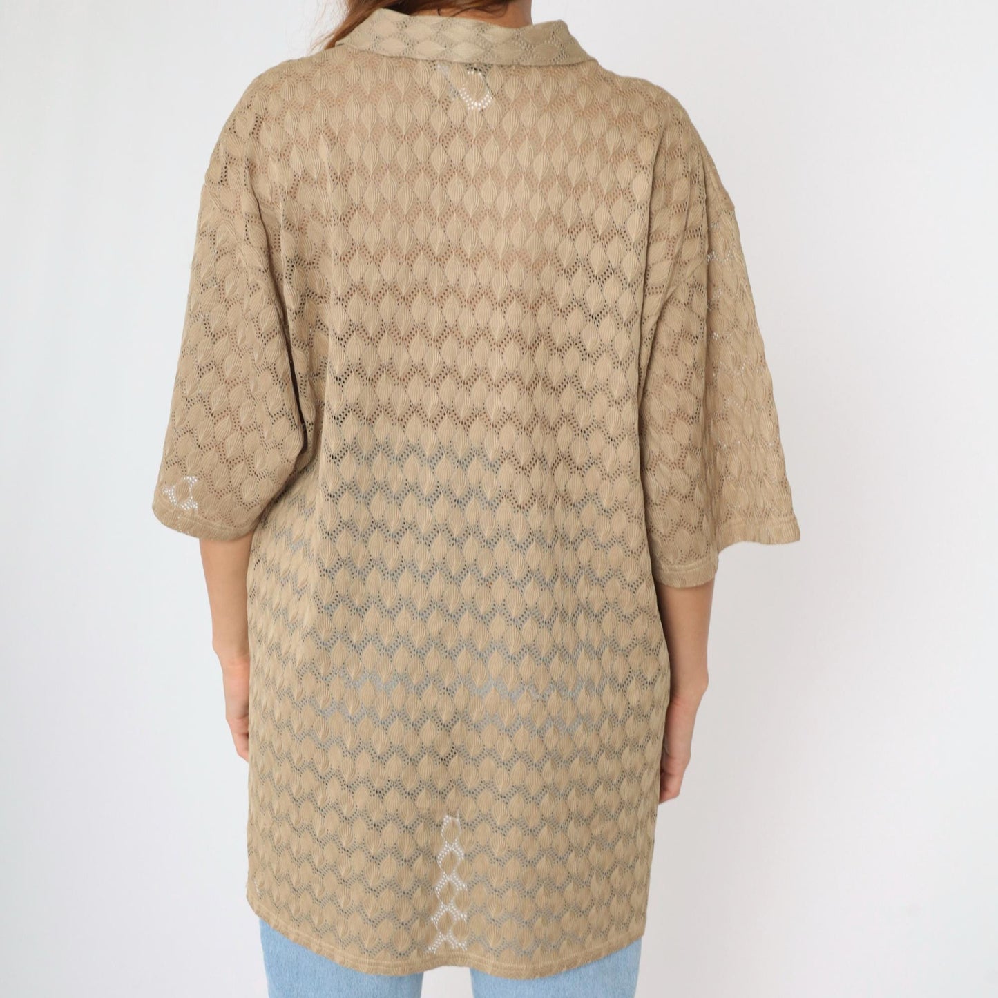 Y2K Sheer Lace Knit Button-Up Shirt Beige Men's Extra Large XL
