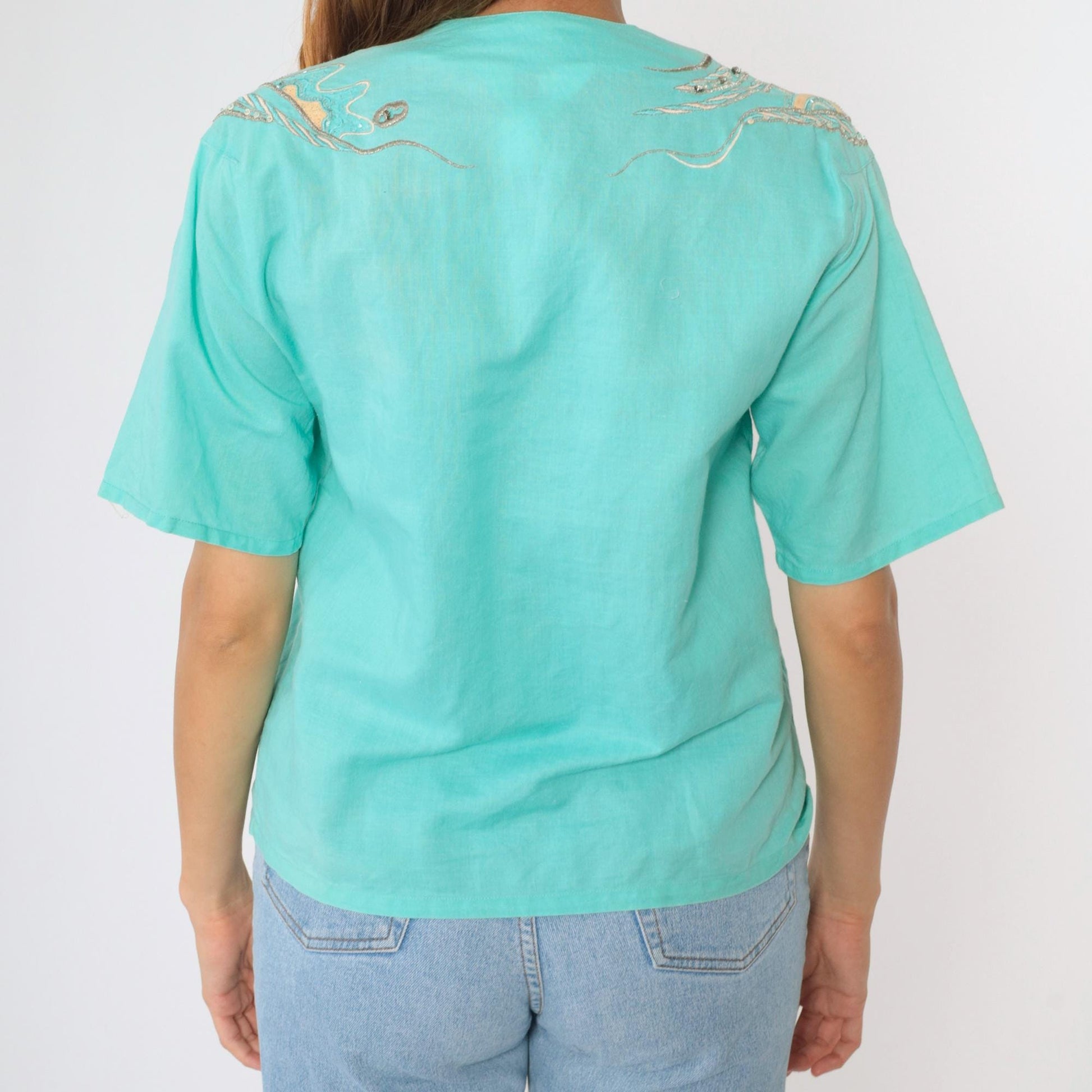 90s Aqua Sequin Rhinestone Embroidered Button Up Blouse Short Sleeve Medium M