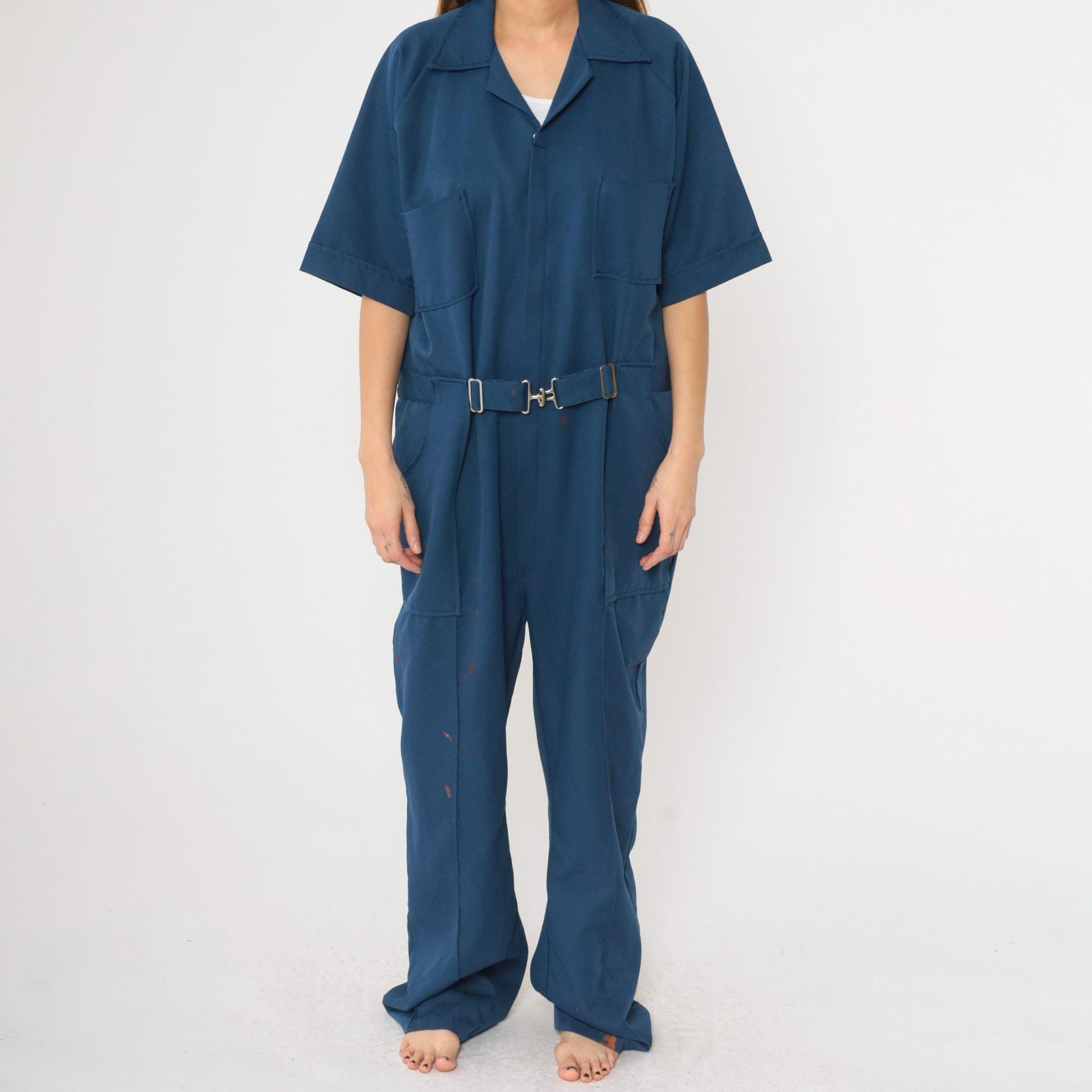 70s Dark Blue Utility Coveralls Straight Leg Zip Boiler Suit Men's Extra Large
