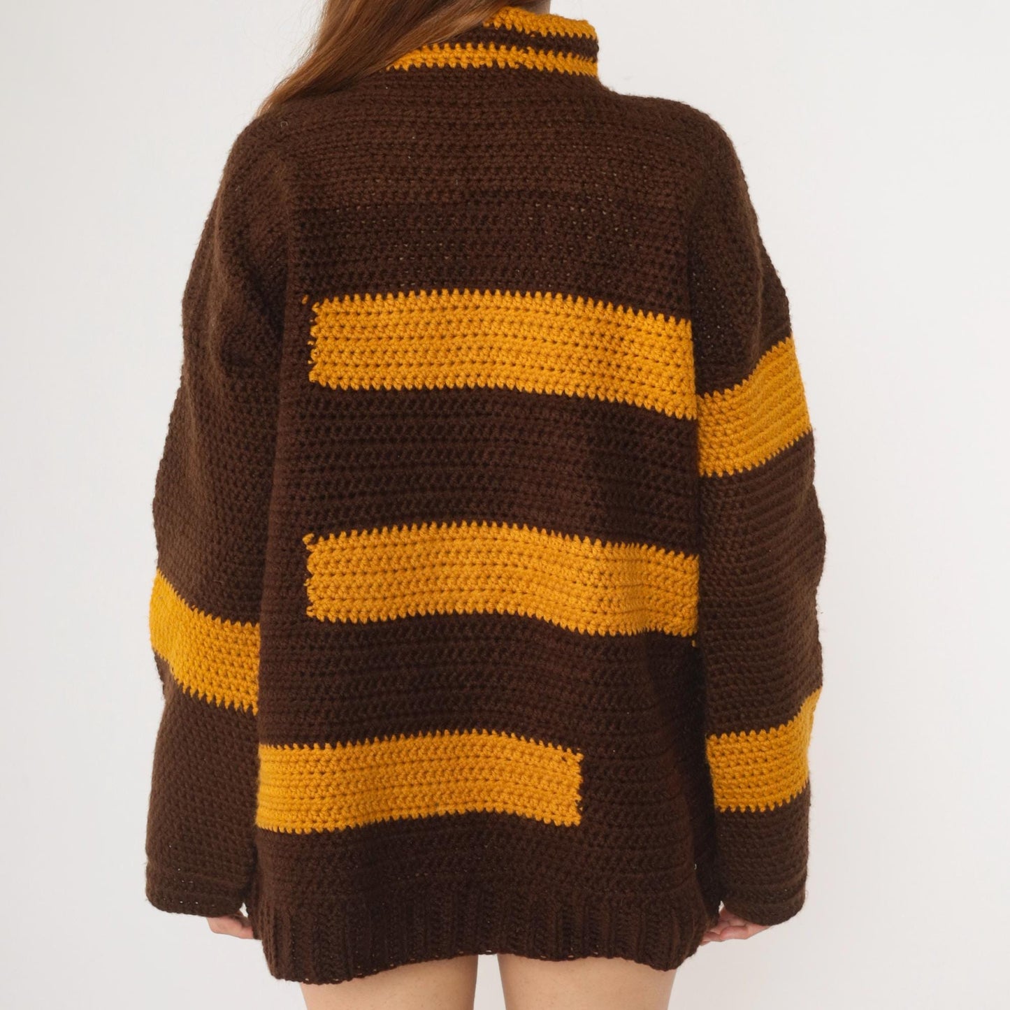 70s Striped Crochet Sweater Brown Mustard Mock Neck Pullover Extra Large