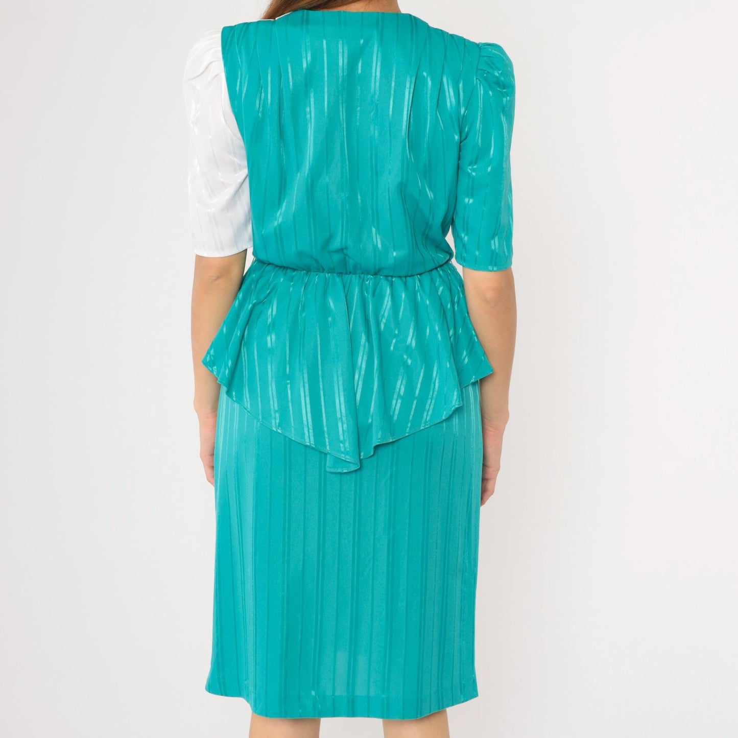 80s Sally Lou Teal Green Striped Peplum Midi Dress Puff Sleeve Small