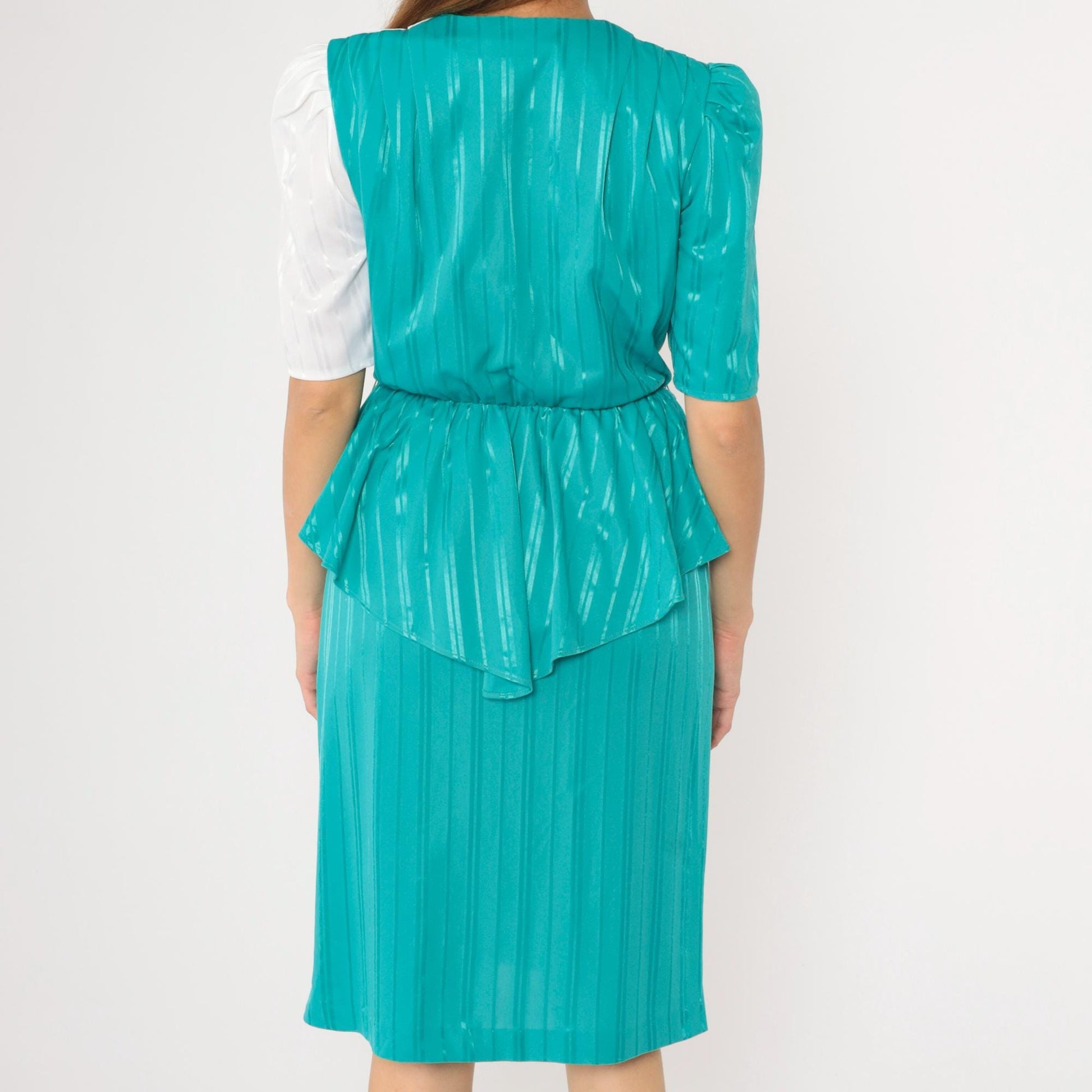 80s Sally Lou Teal Green Striped Peplum Midi Dress Puff Sleeve Small