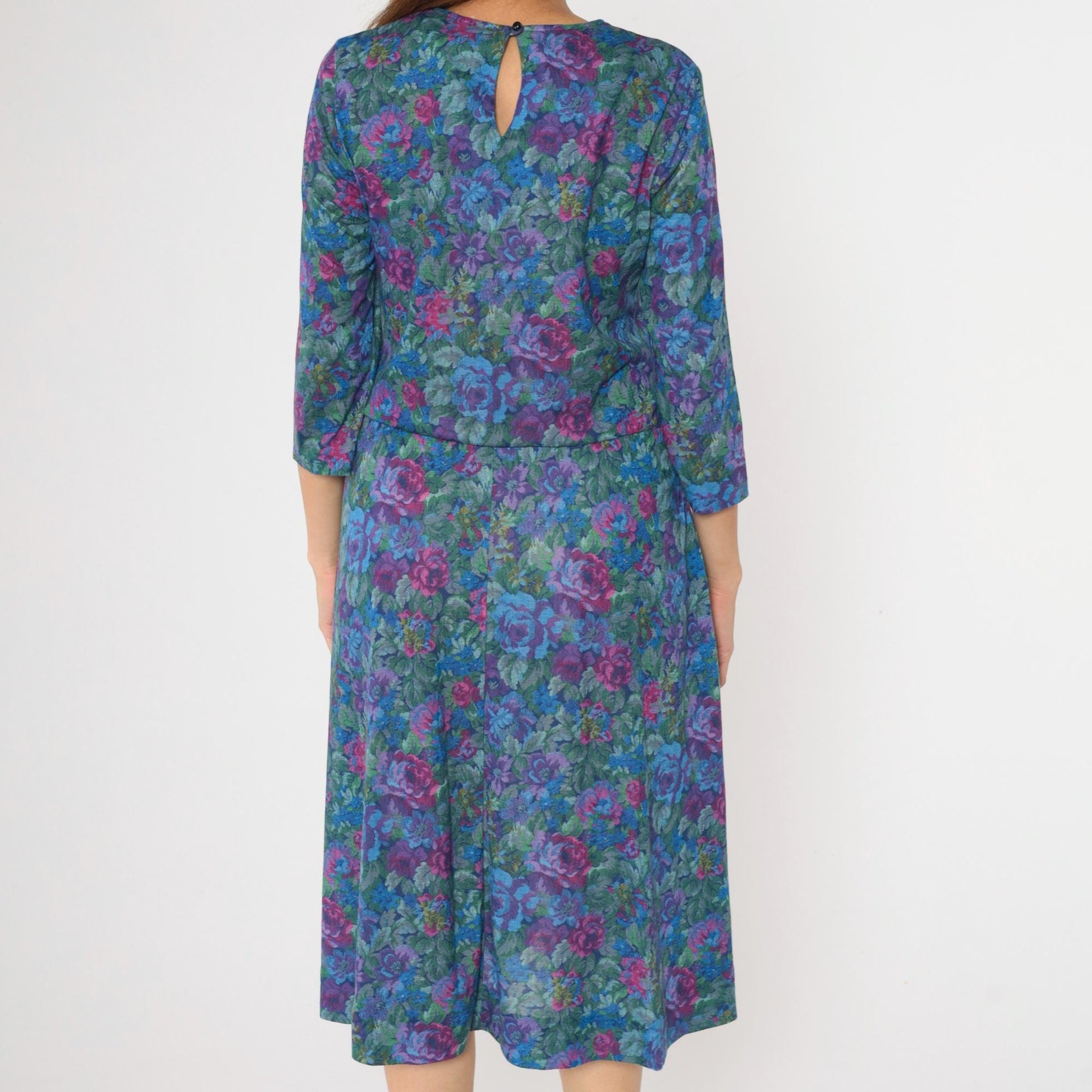 80s Floral Rose Print Midi Dress Long Sleeve Low Waist Blue Purple Green Medium
