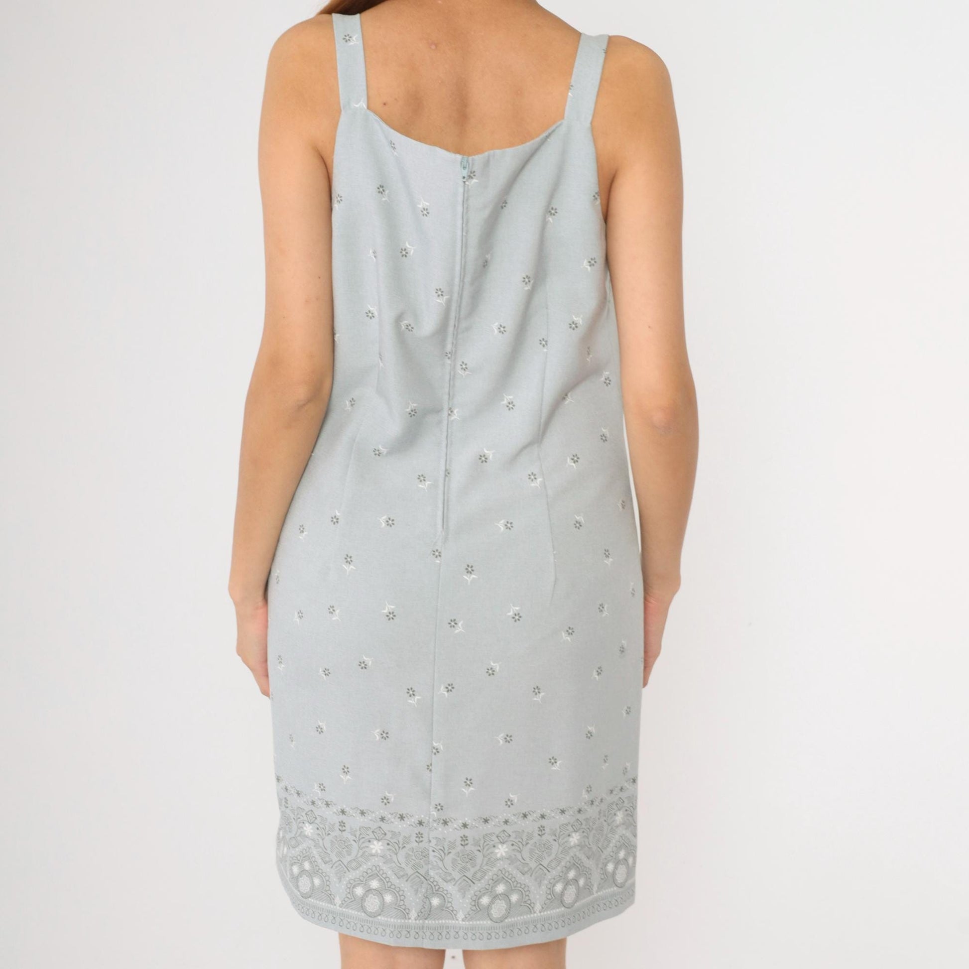 90s Grey Floral Mini Dress Sleeveless Square Neck Sheath Pencil Medium