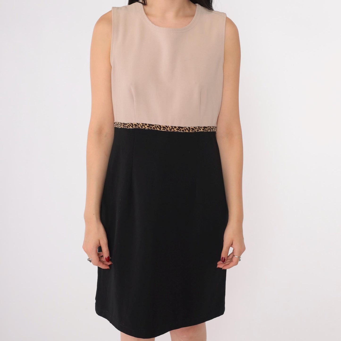 90s Ronni Nicole Petite Color Block Mini Dress Leopard Trim Beige Black Medium