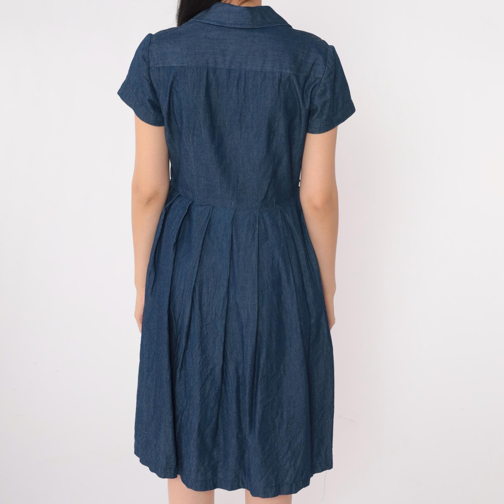 90s Talbots Petite Denim Shirtdress Knee-Length Pleated Dark Blue Cotton Size 2