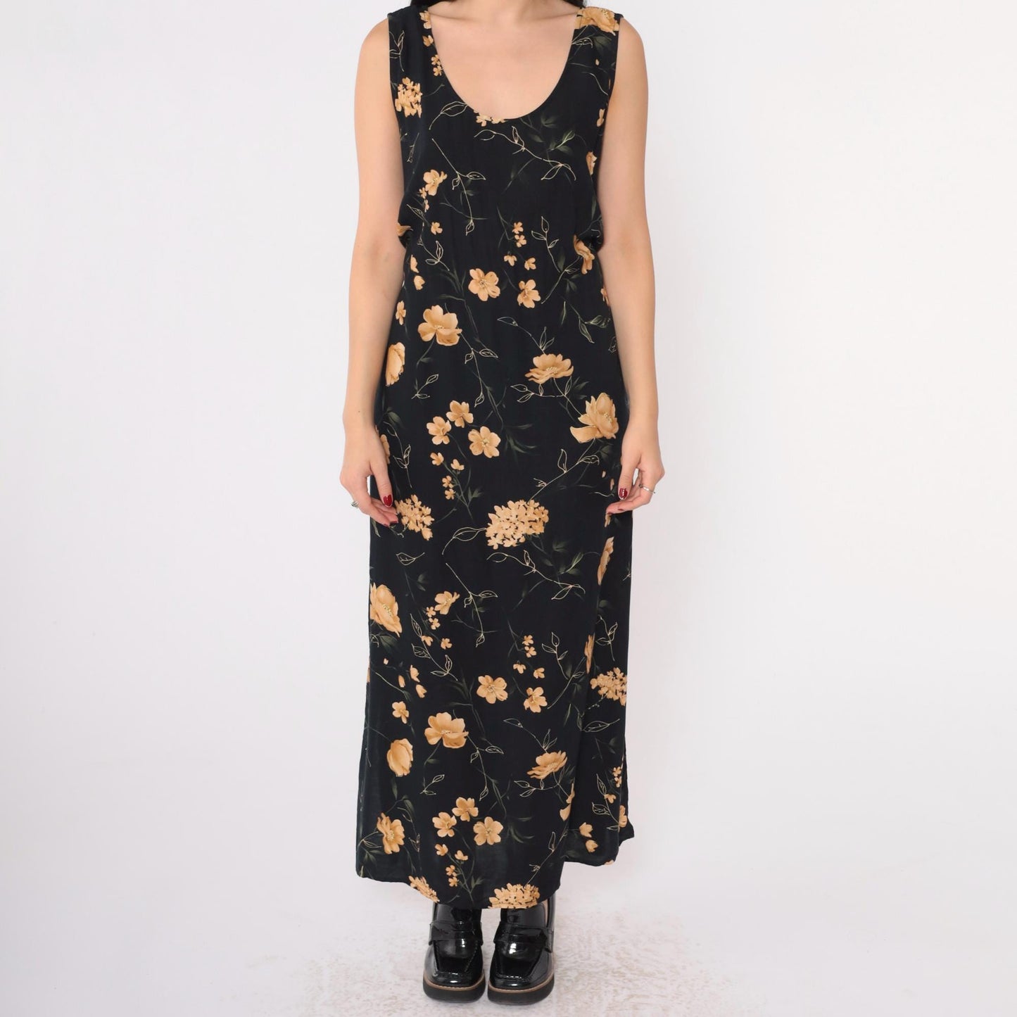 90s Black Floral Maxi Sundress Y2K Gold Print Sleeveless Scoop Neck Side Slit 16W