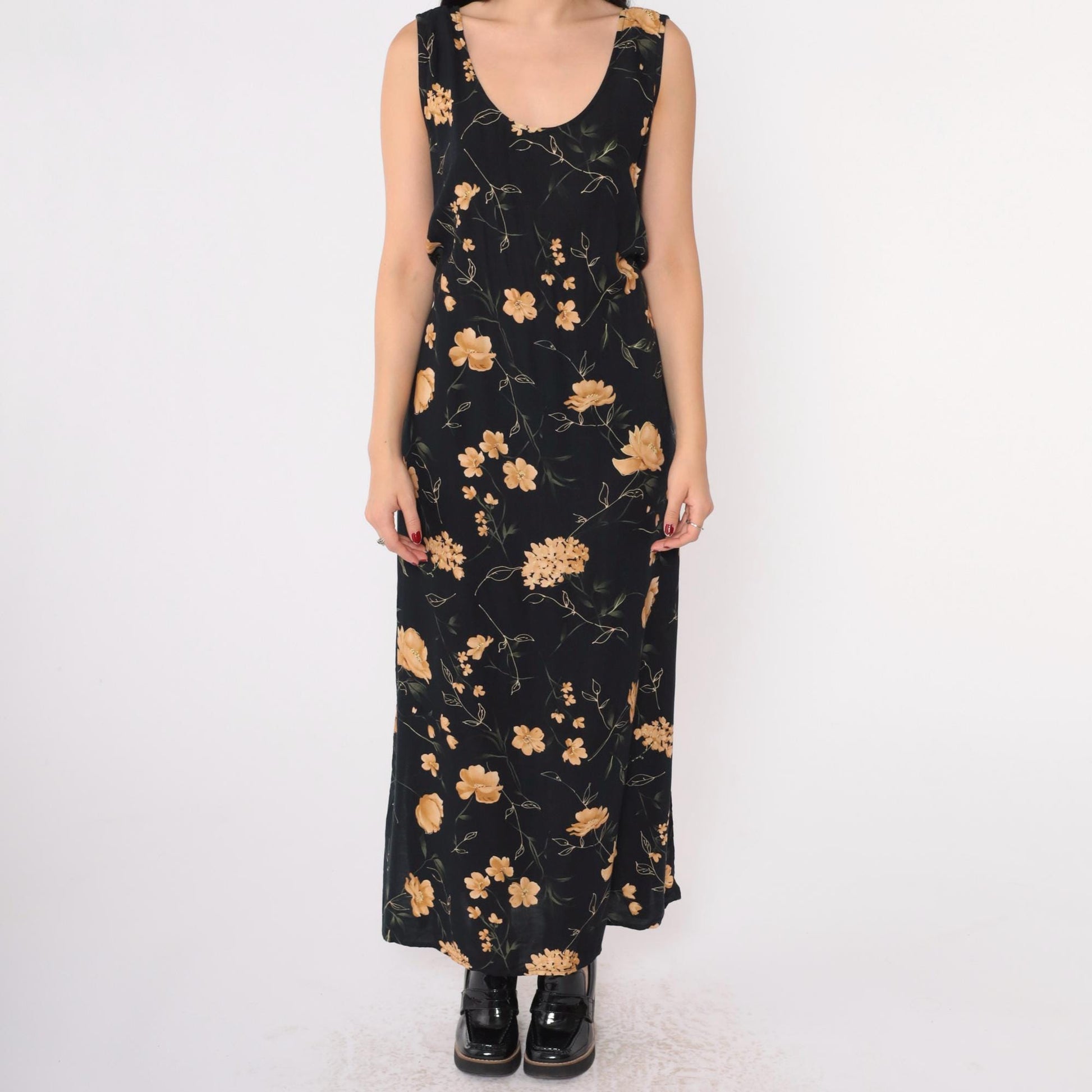 90s Black Floral Maxi Sundress Y2K Gold Print Sleeveless Scoop Neck Side Slit 16W