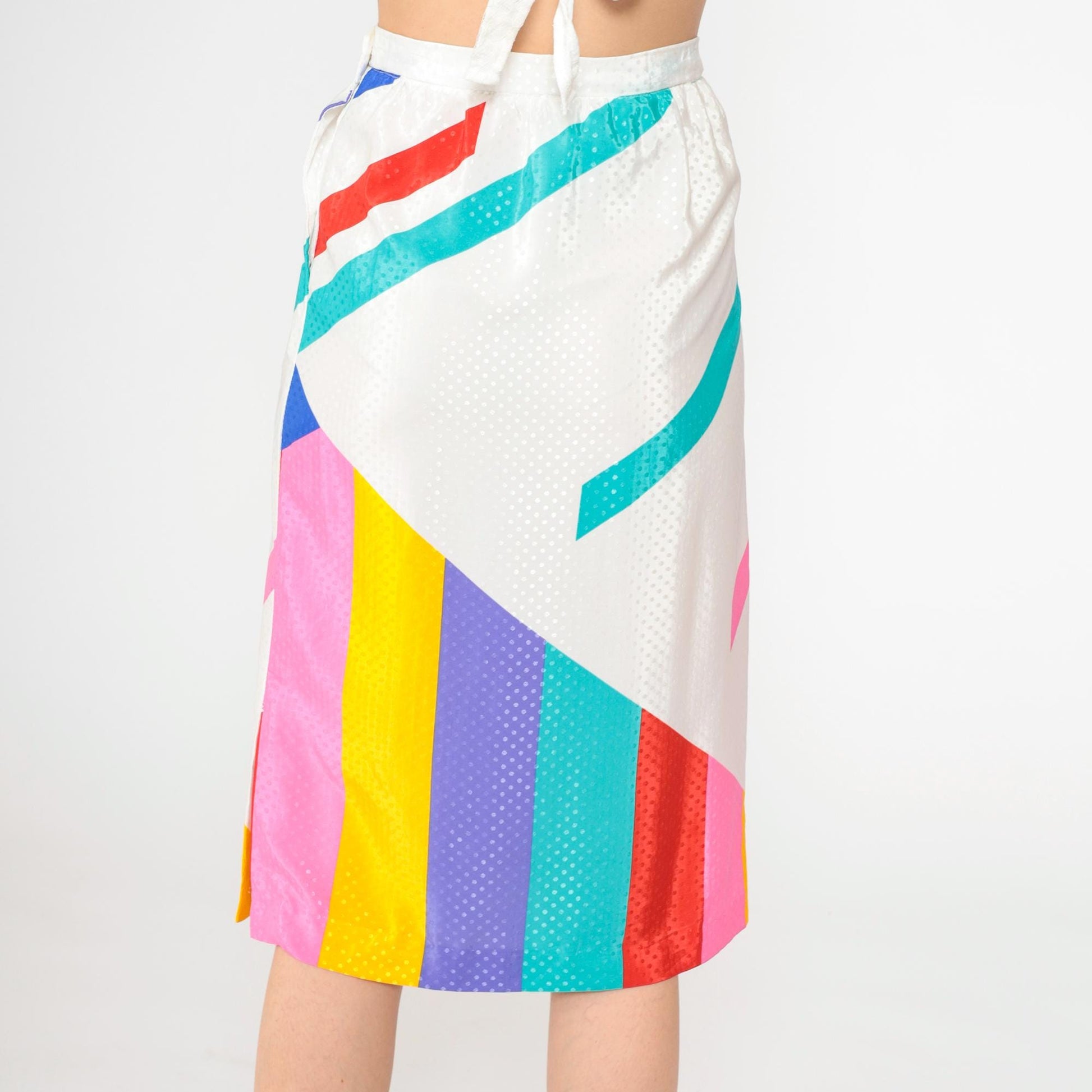 80s Rainbow Striped Midi Skirt High Waist Polka Dot White Small 4