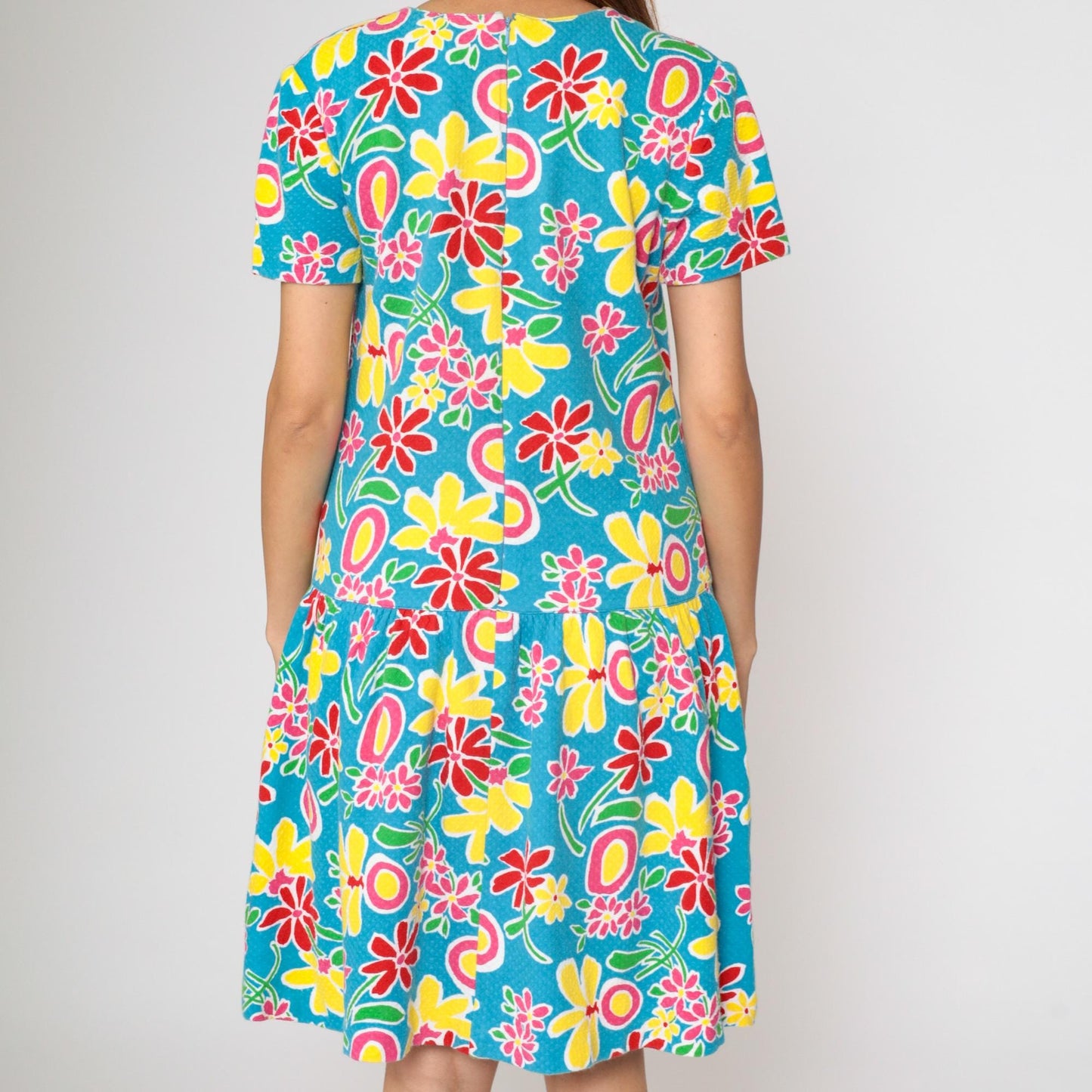 90s Adrienne Vittadini Floral Dress Drop Waist Knee Length Cotton Medium