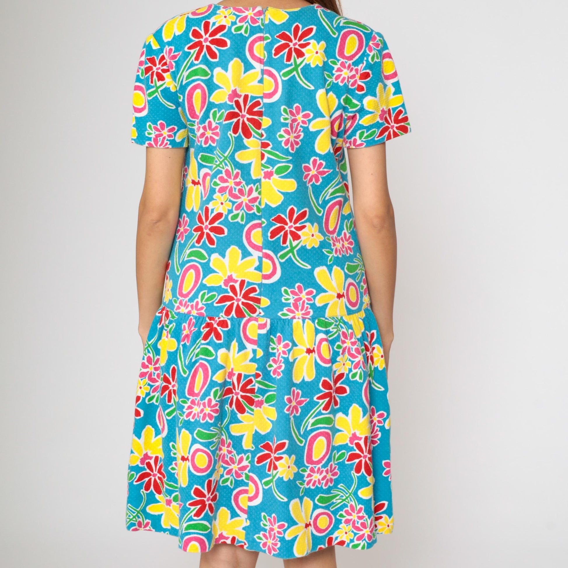 90s Adrienne Vittadini Floral Dress Drop Waist Knee Length Cotton Medium
