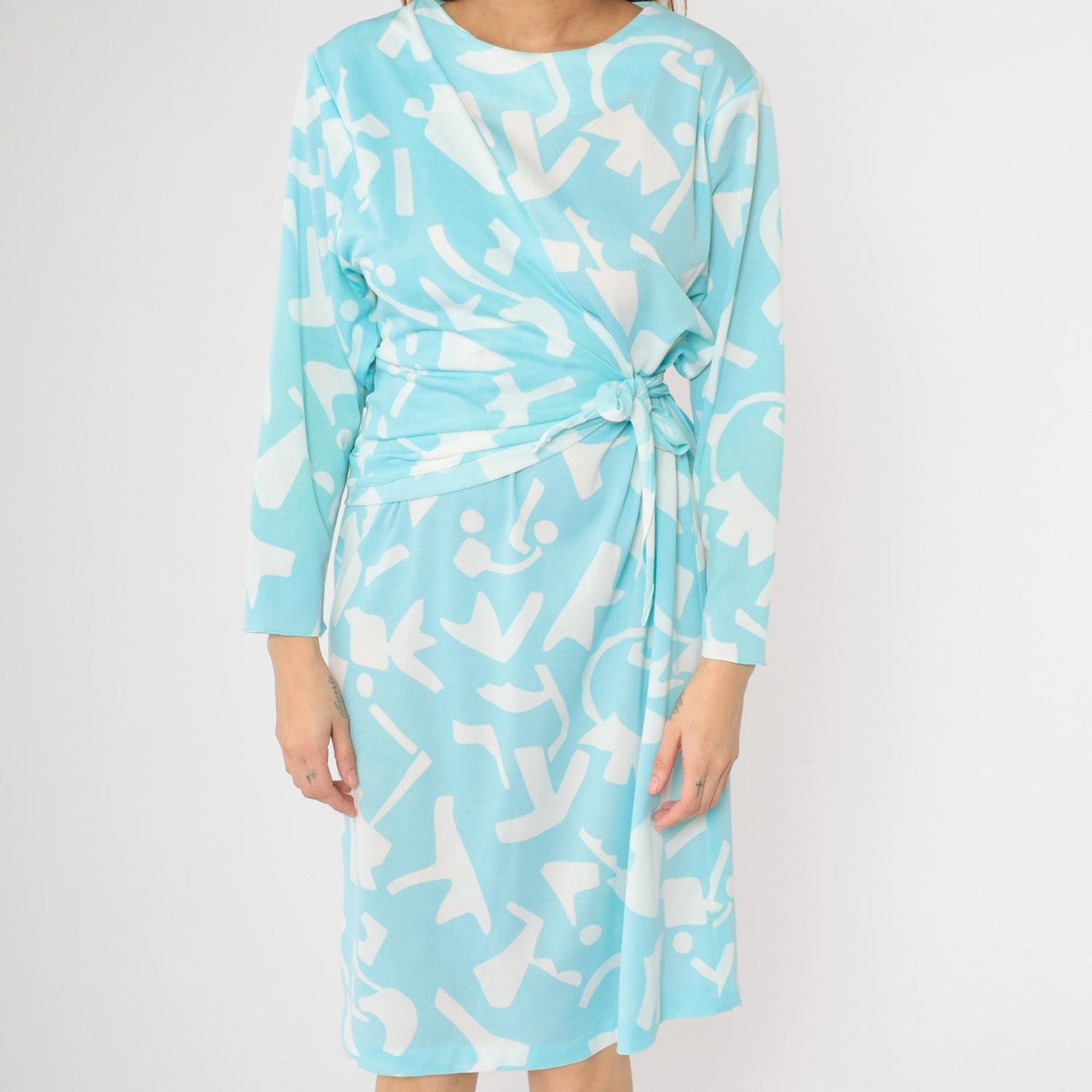 80s Blue White Abstract Geometric Dolman Sleeve Midi Dress Large L