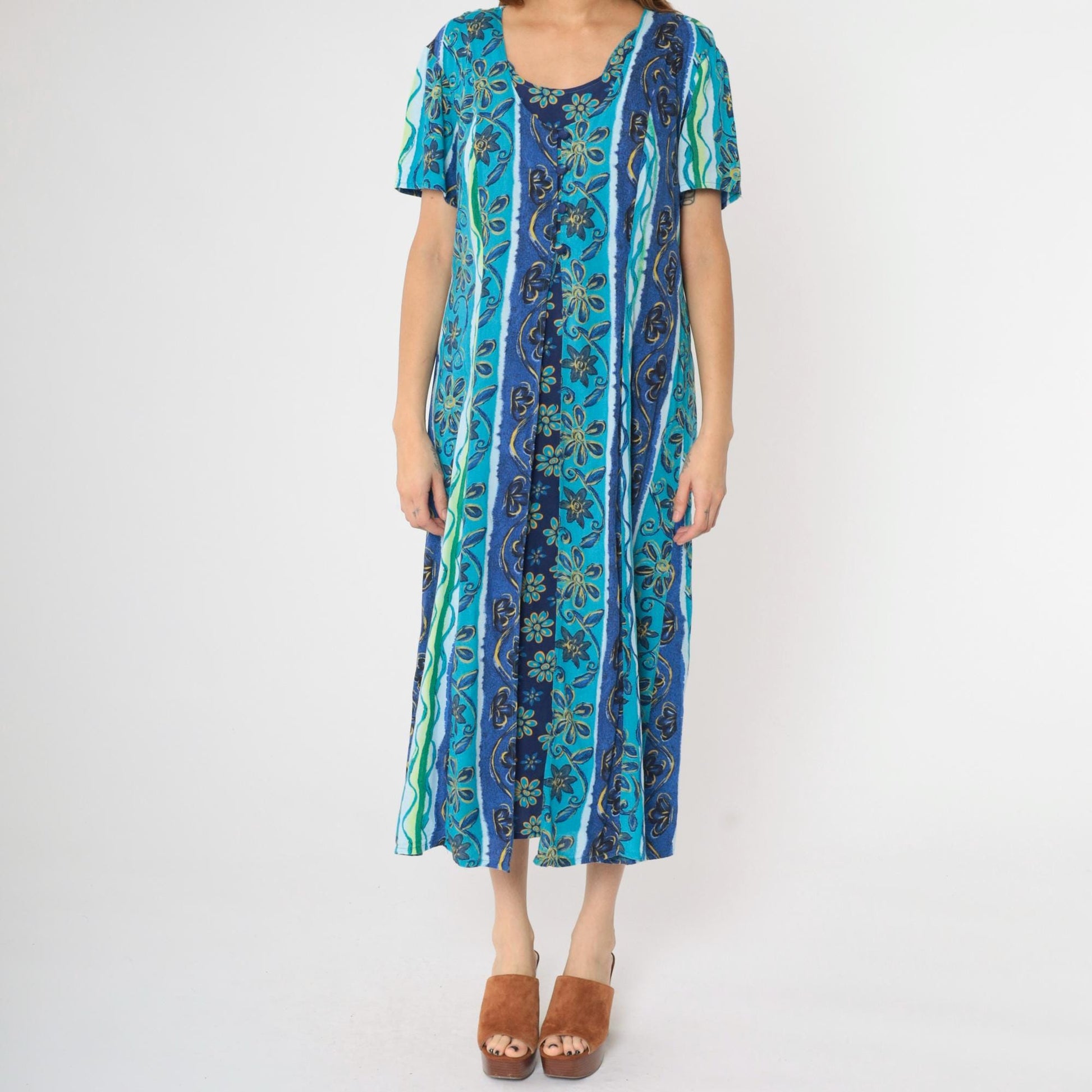 Y2K Blue Striped Floral Button-Up Midi Dress Short Sleeve Ankle Length Size 16