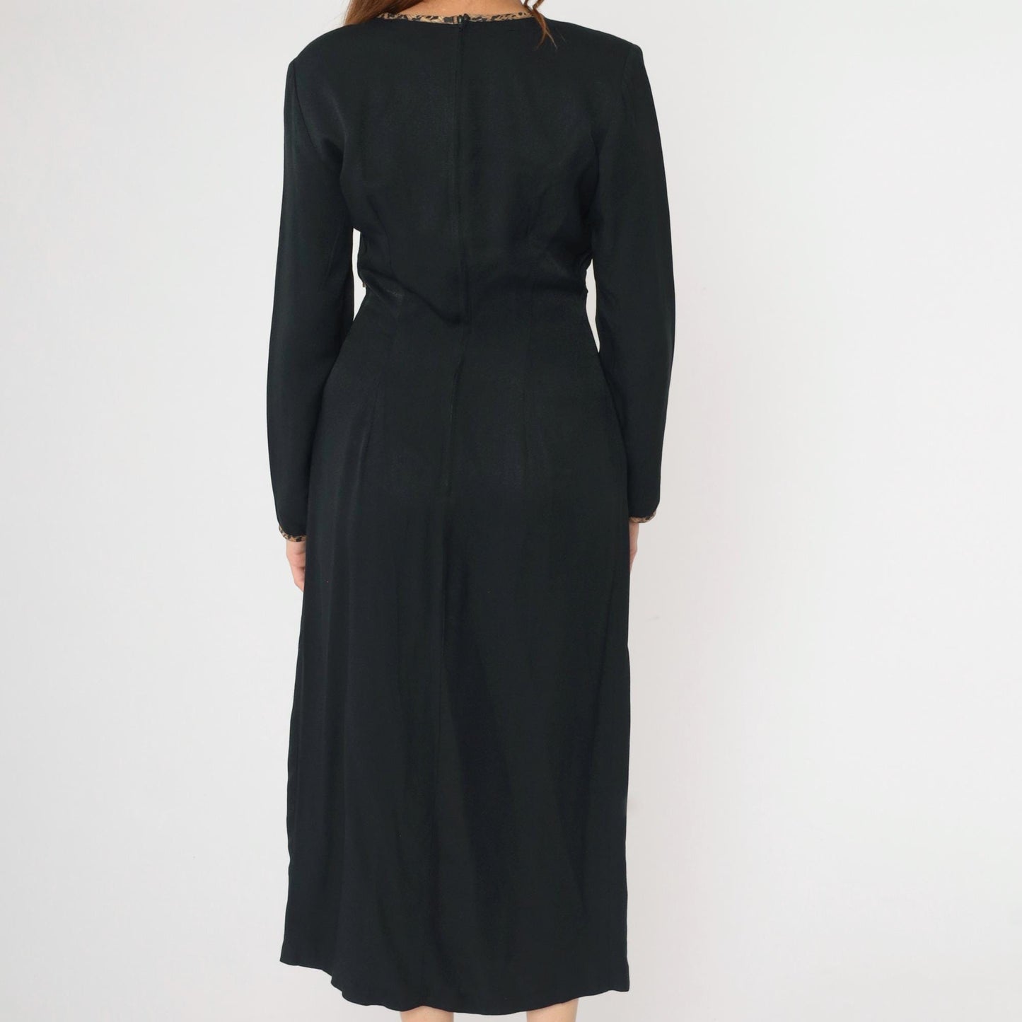90s David Benjamin Black Midi Dress Leopard Trim High Waist Front Slit Medium