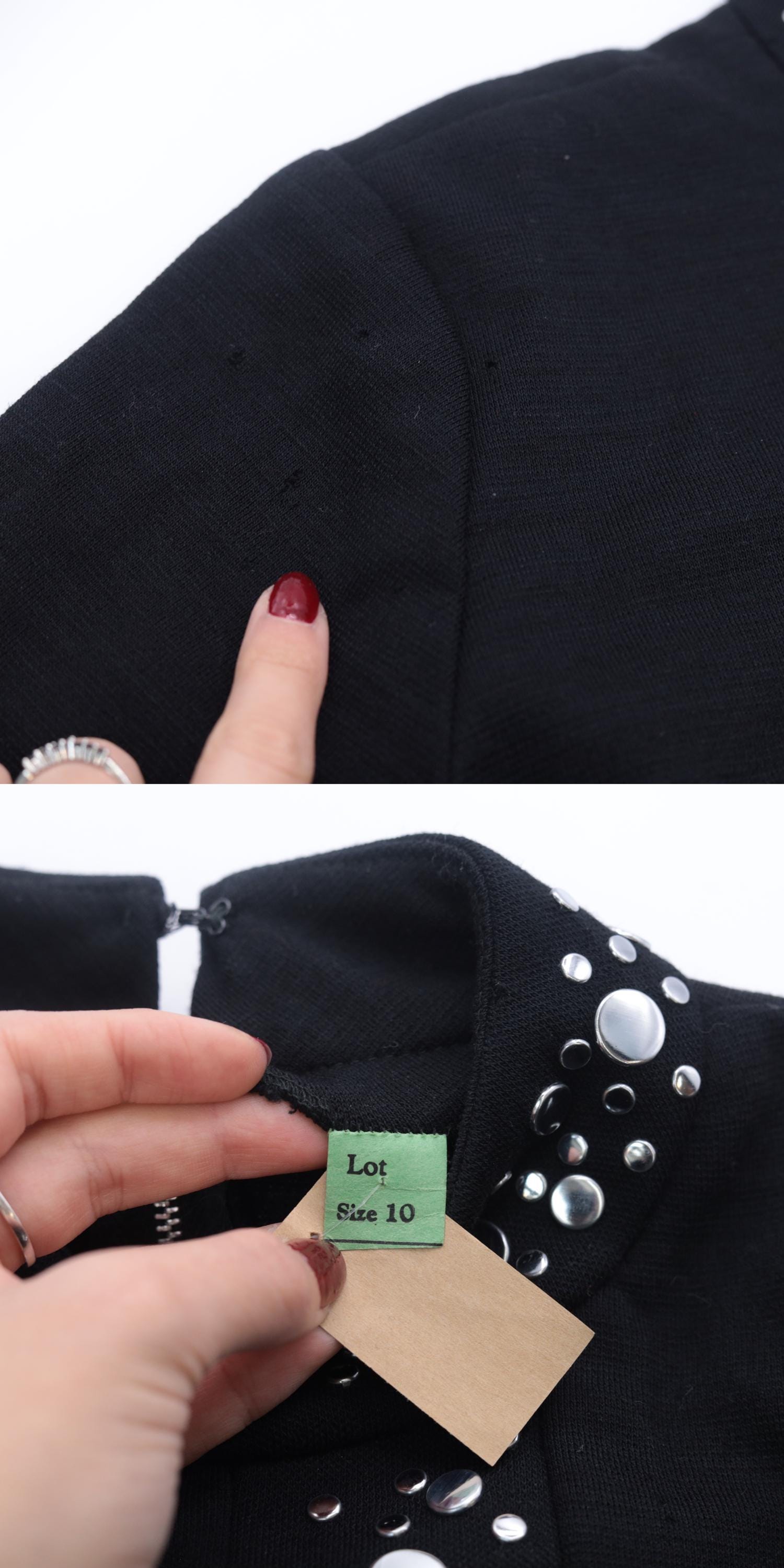 60s Black Wool Mini Shift Dress Studded Neckline Small S