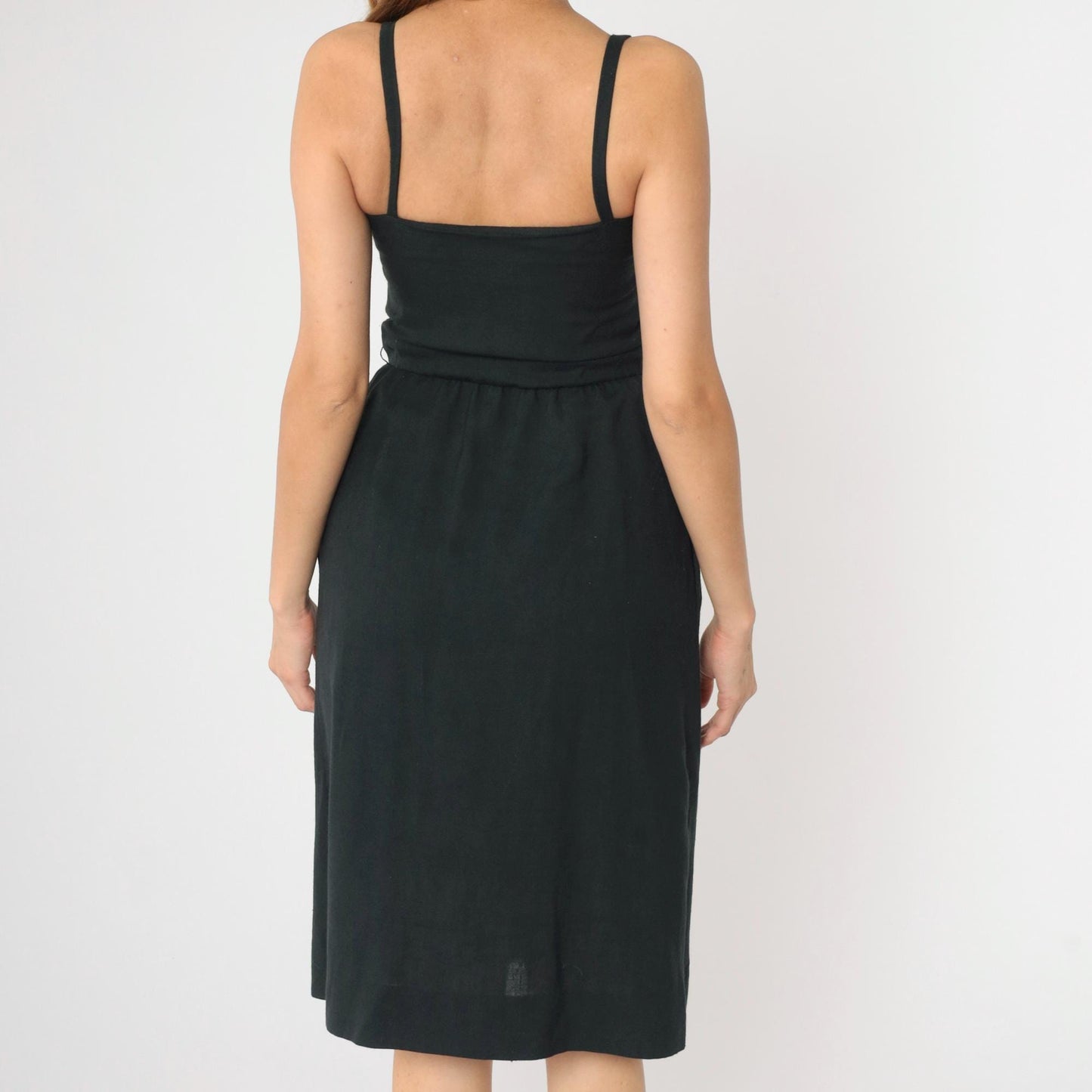 80s Black Midi Sundress Scalloped Neckline Button Front High Waist Spaghetti Strap XS